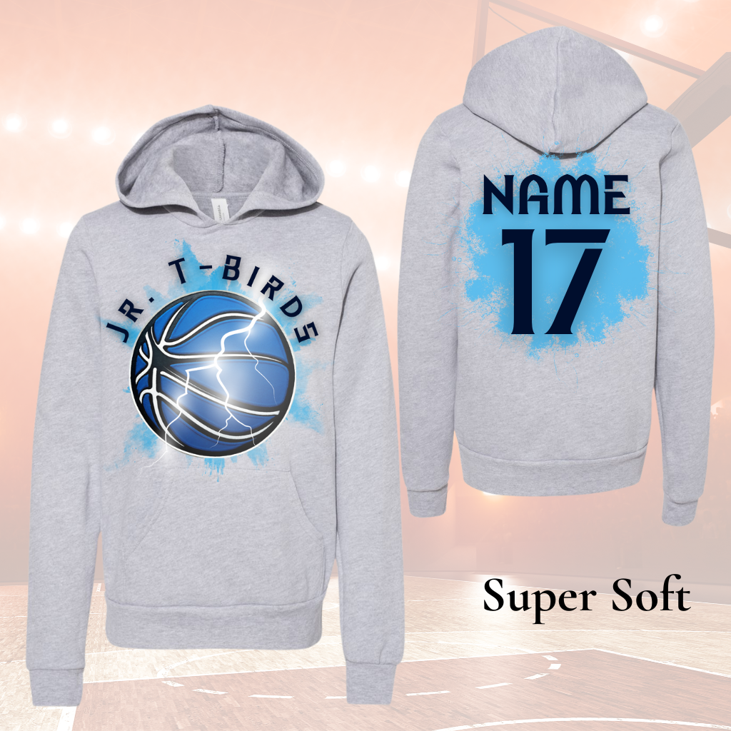 Jr Tbird Adult Hoodies Splash with basketball graphic, customizable with names and numbers, super soft material.