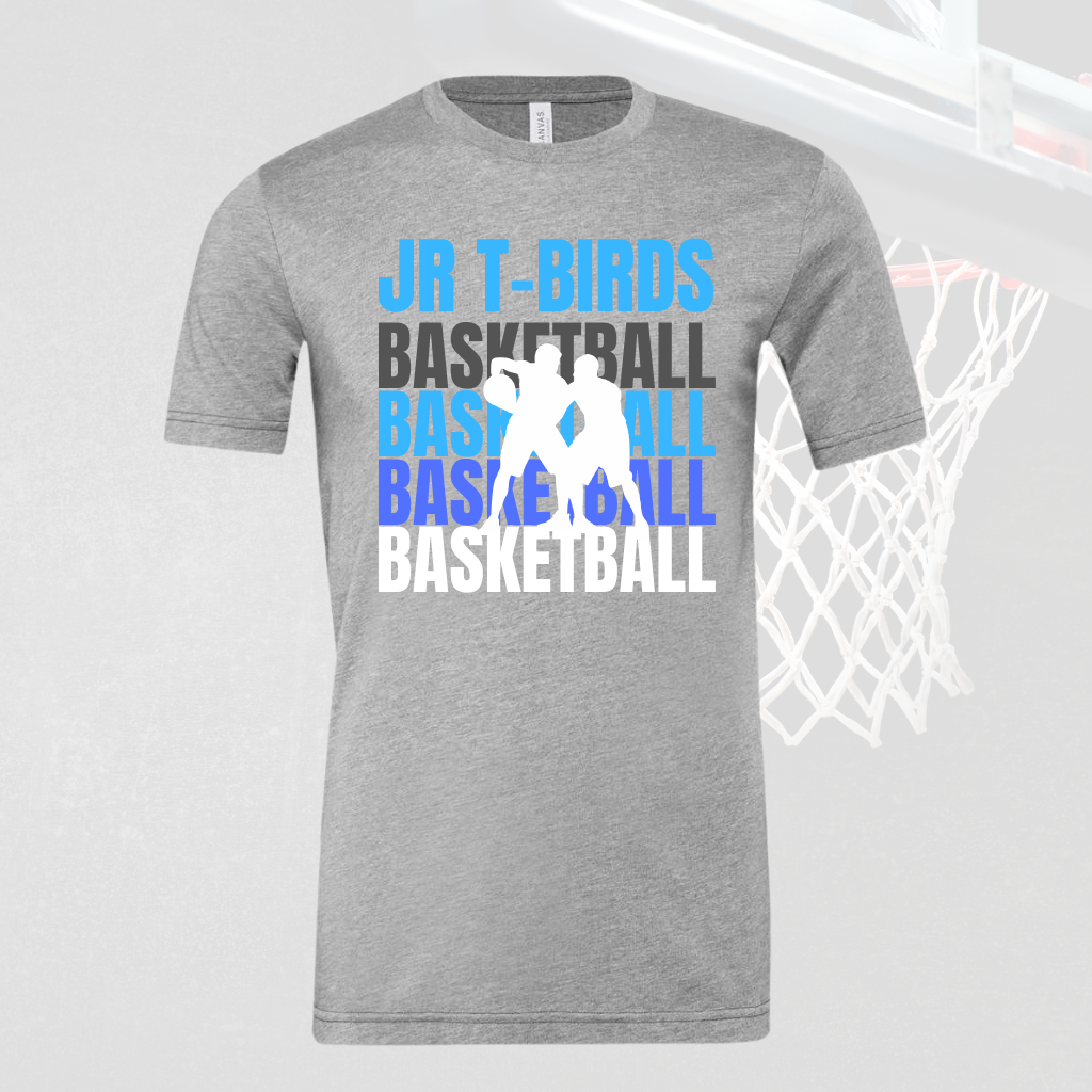 Jr T-Birds Adult T-Shirt, basketball team design, premium cotton, gray color.