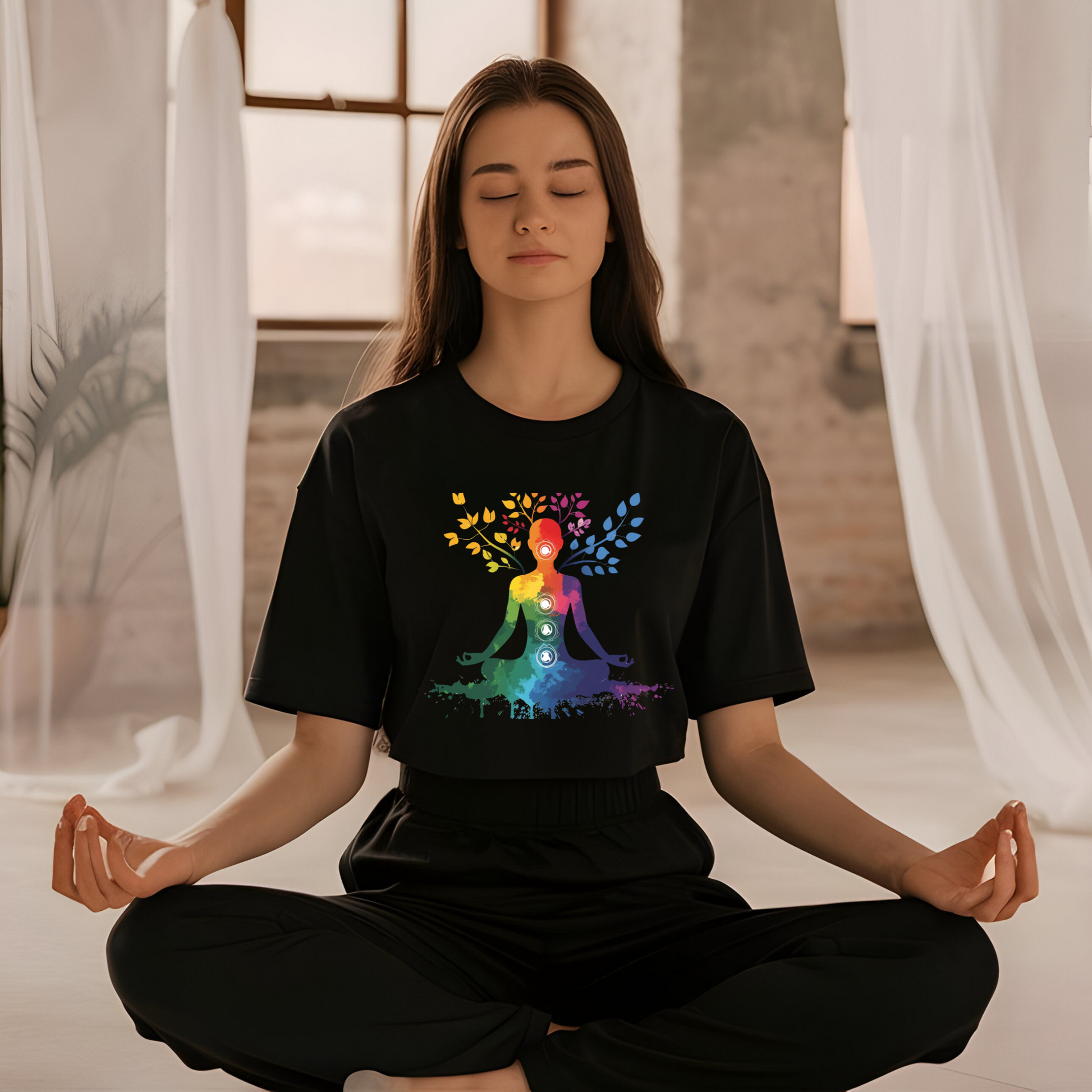 Person meditating in a room with a black t-shirt featuring a colorful graphic design.