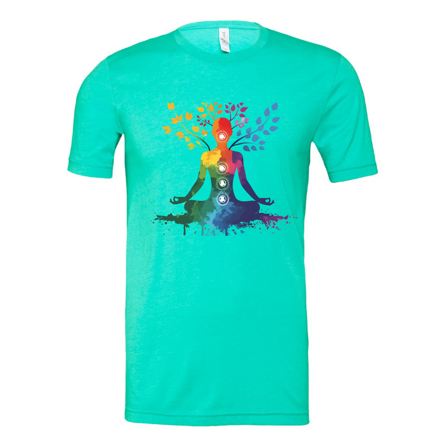 Turquoise t-shirt with a colorful chakra design