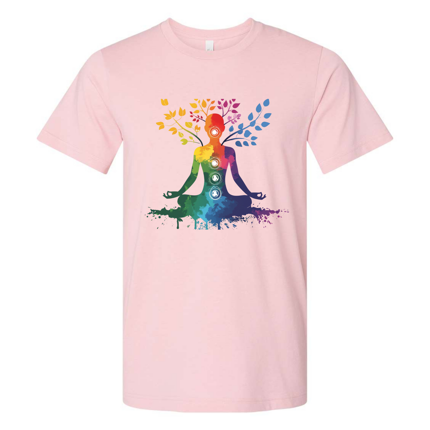 Pink t-shirt with a colorful chakra design