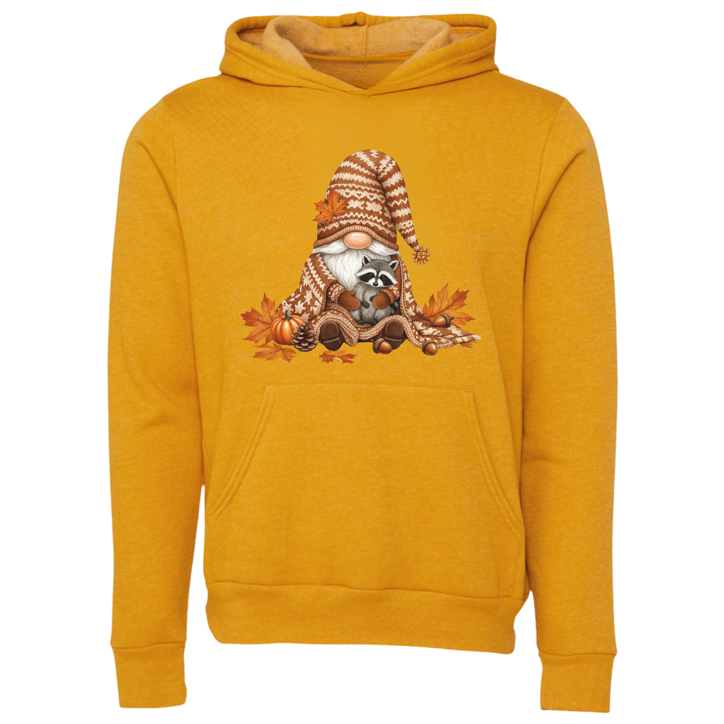 Mustard colored hoodie with a gnome and raccoon graphic