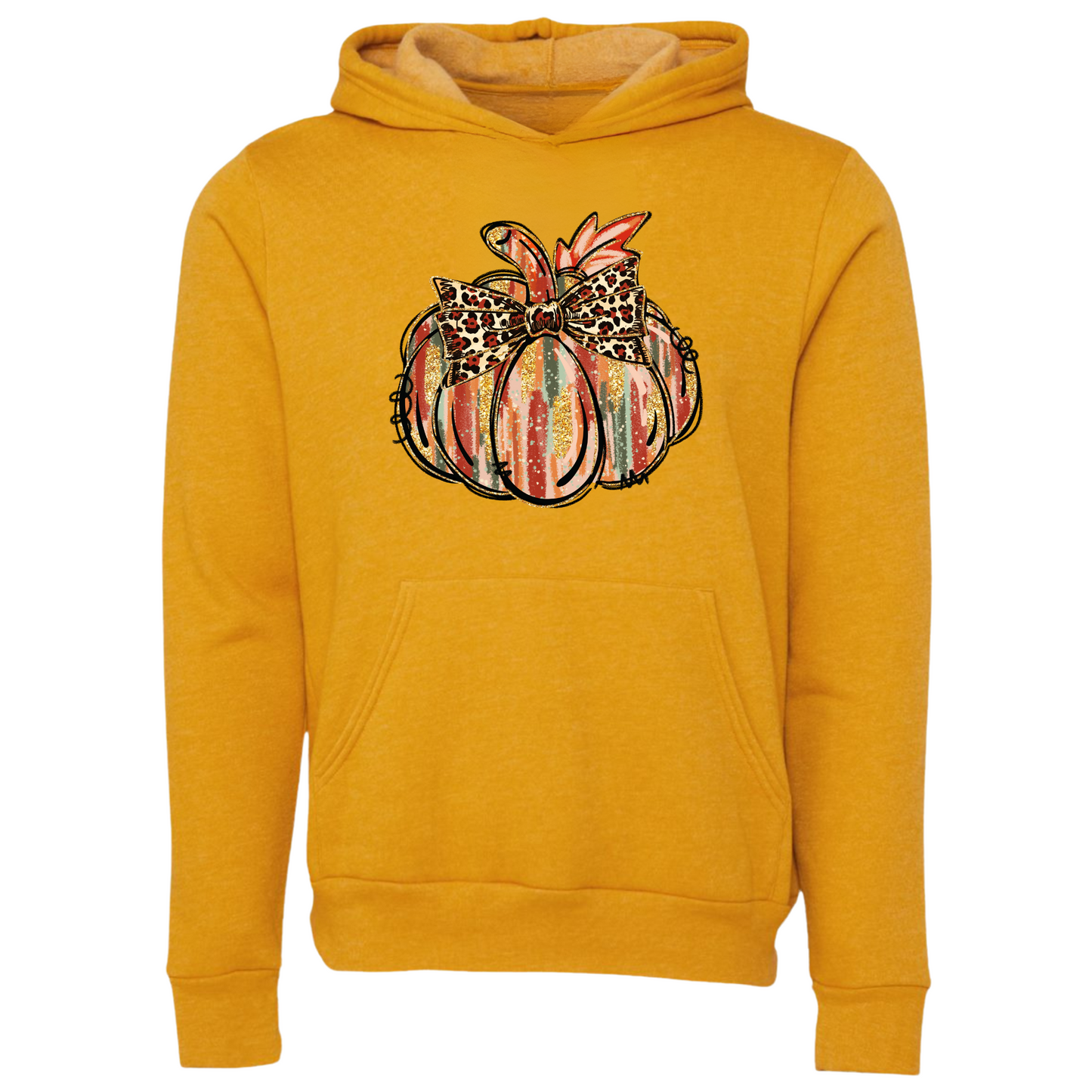 Mustard yellow hoodie with a colorul pumkin design