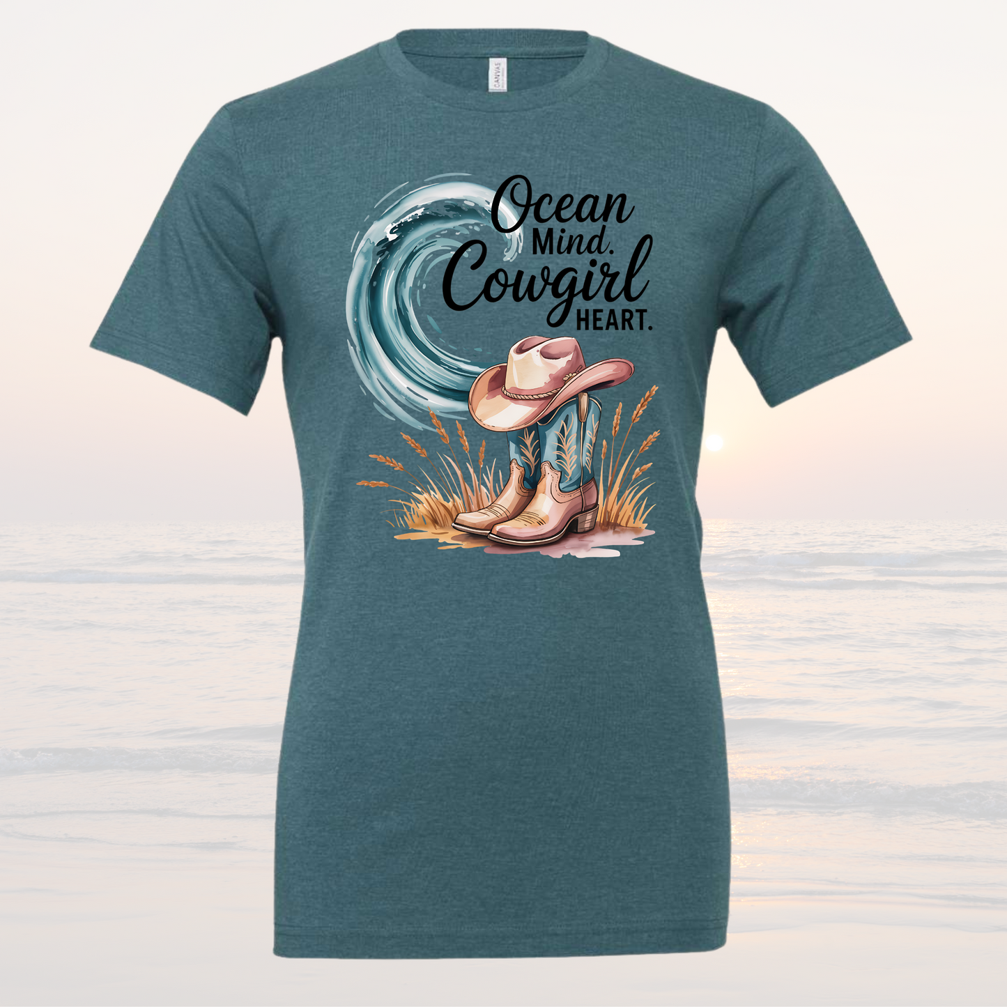 Ocean wave, cowboy boots & hat graphic tee – Ocean Mind Cowgirl Heart Teal