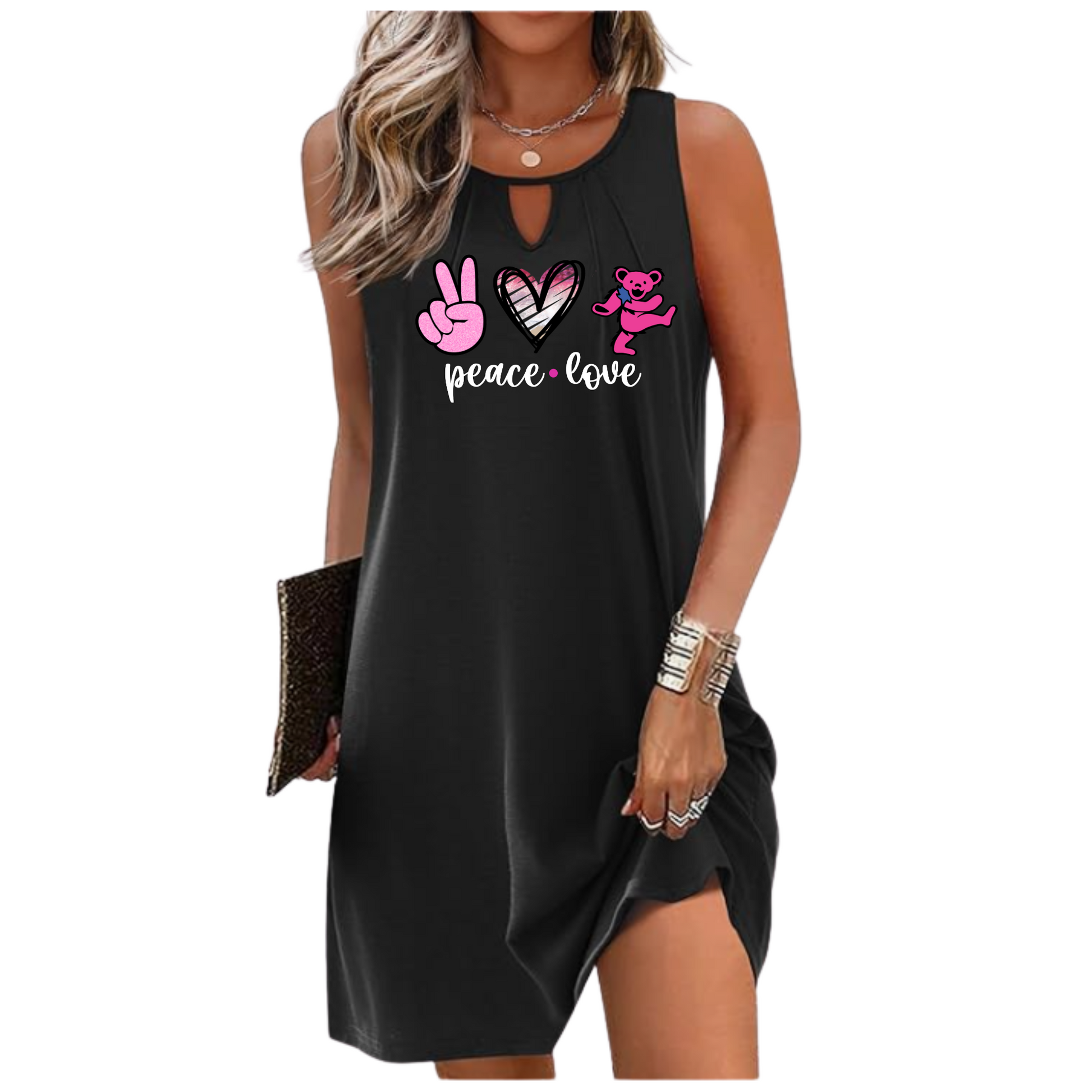 Black sleeveless dress with 'peace love' and heart bear design worn by a model on a white background