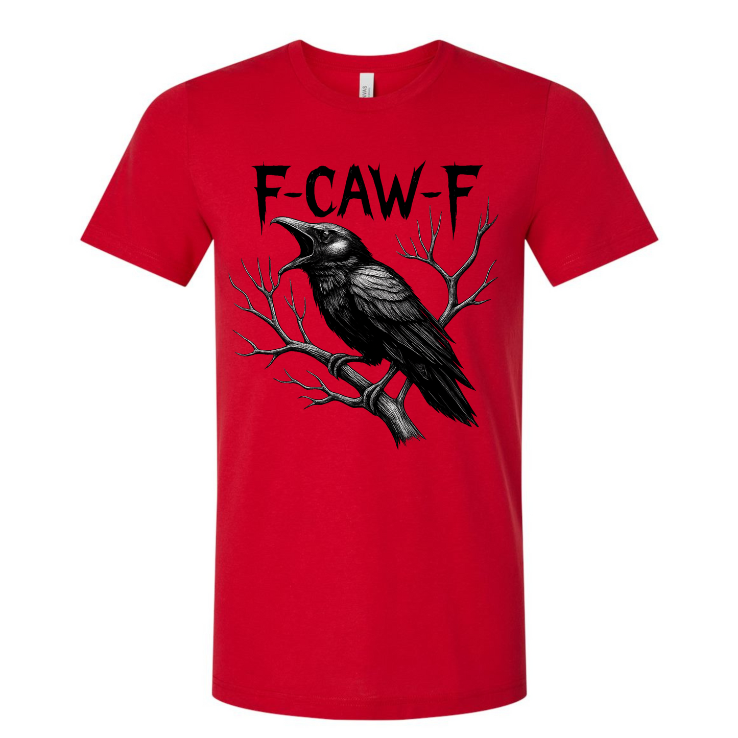 Red t-shirt with a black crow graphic and 'F-CAW-F' text