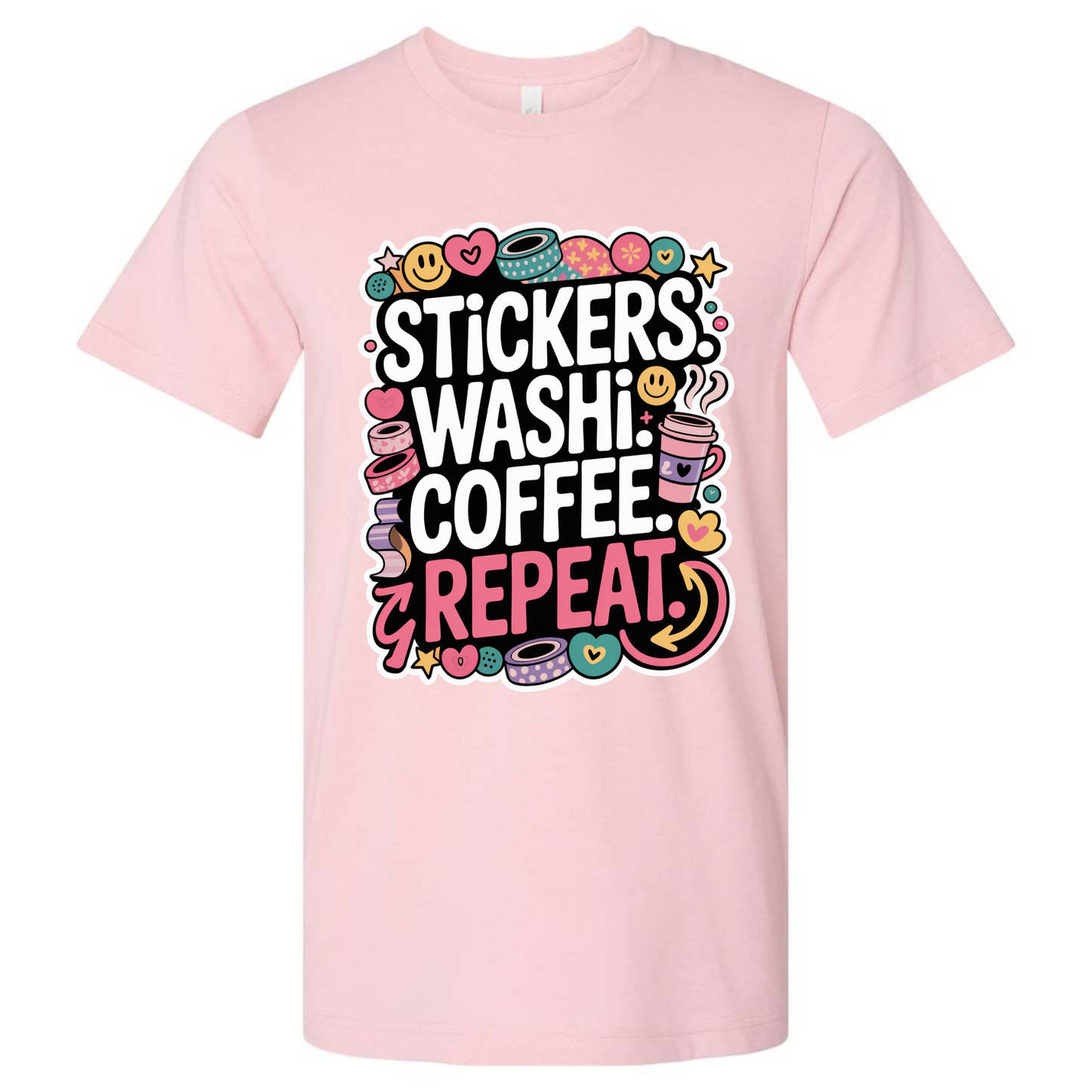 Stickers_Washi_Coffee_Repeat_Shirt_On a soft pink shirt