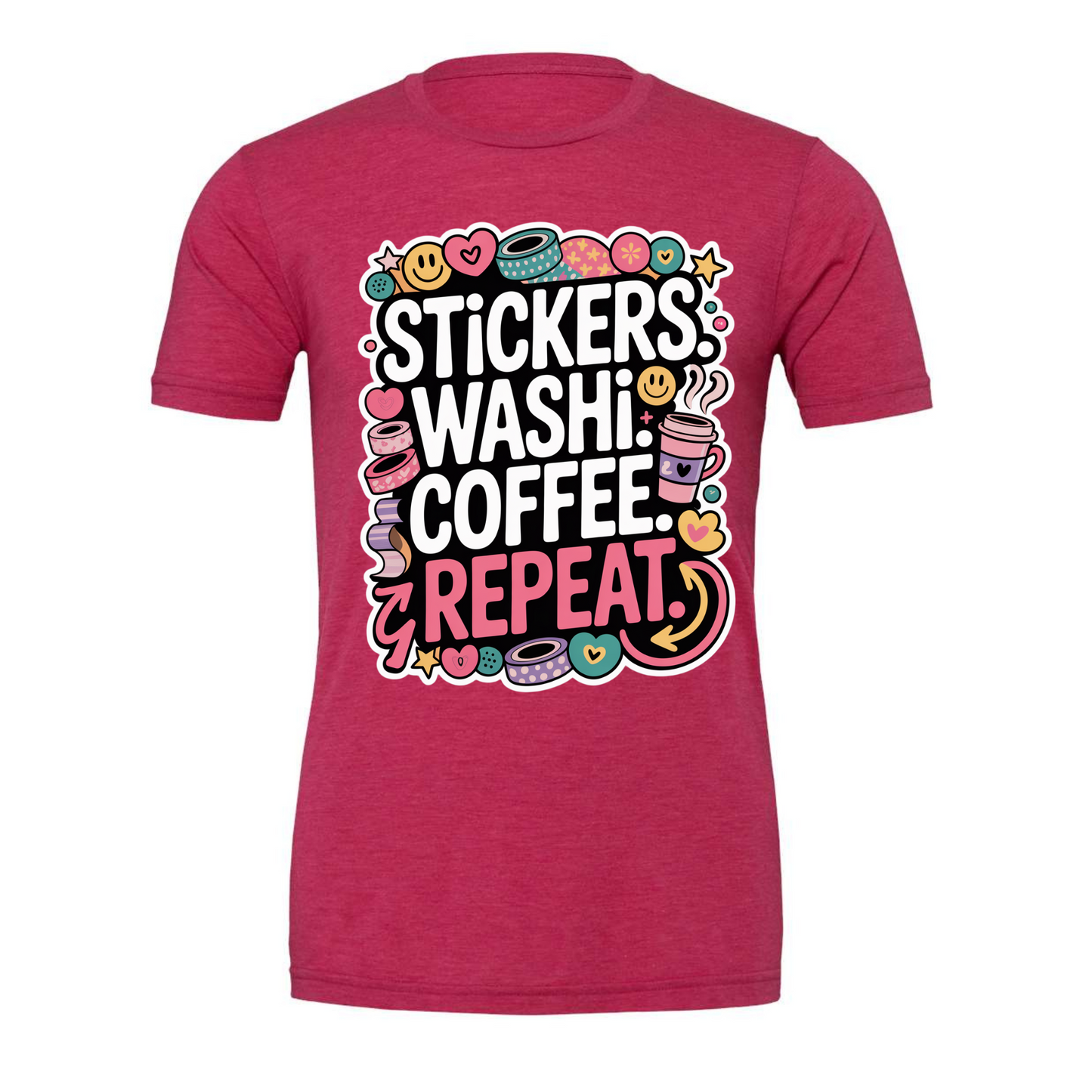 Stickers_Washi_Coffee_Repeat_Shirt_on a_Rasberry Shirt