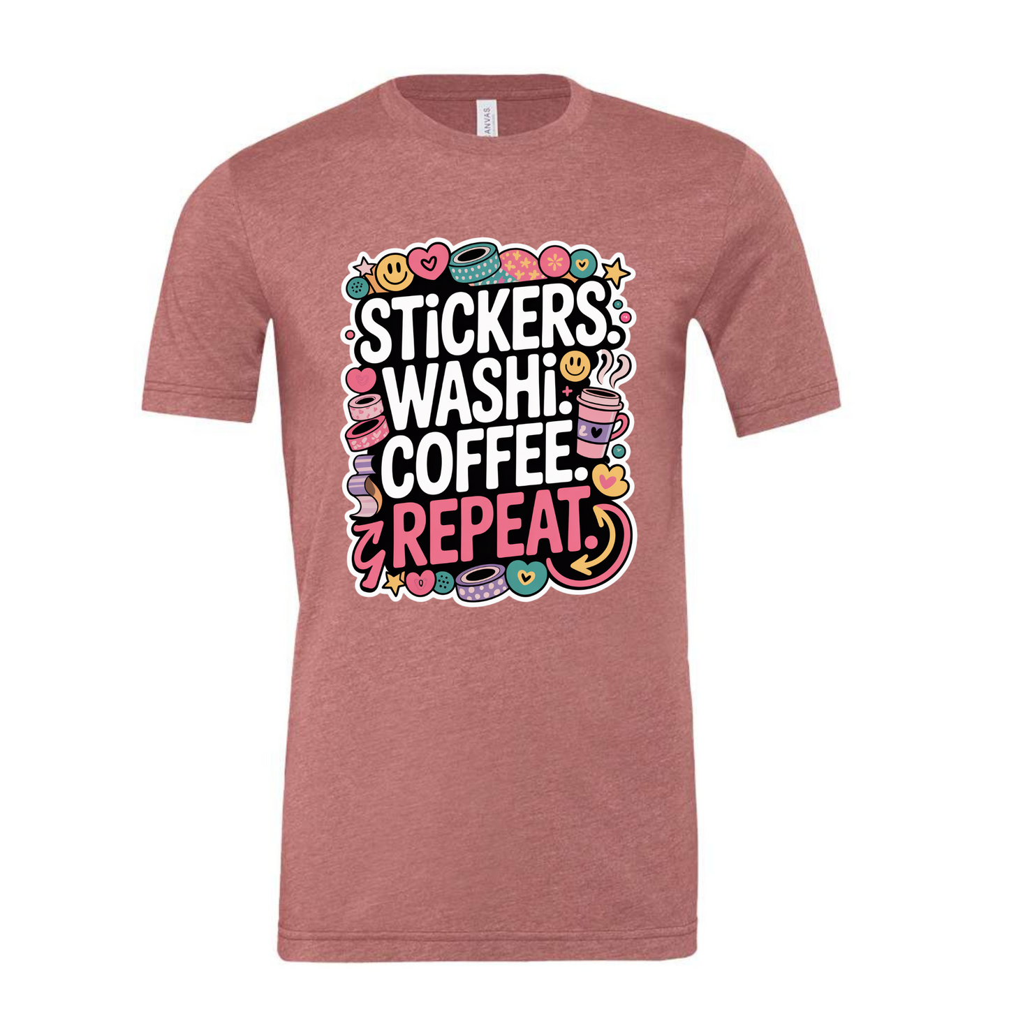 Stickers_Washi_Coffee_Repeat_Shirt_on a mauve colored shirt