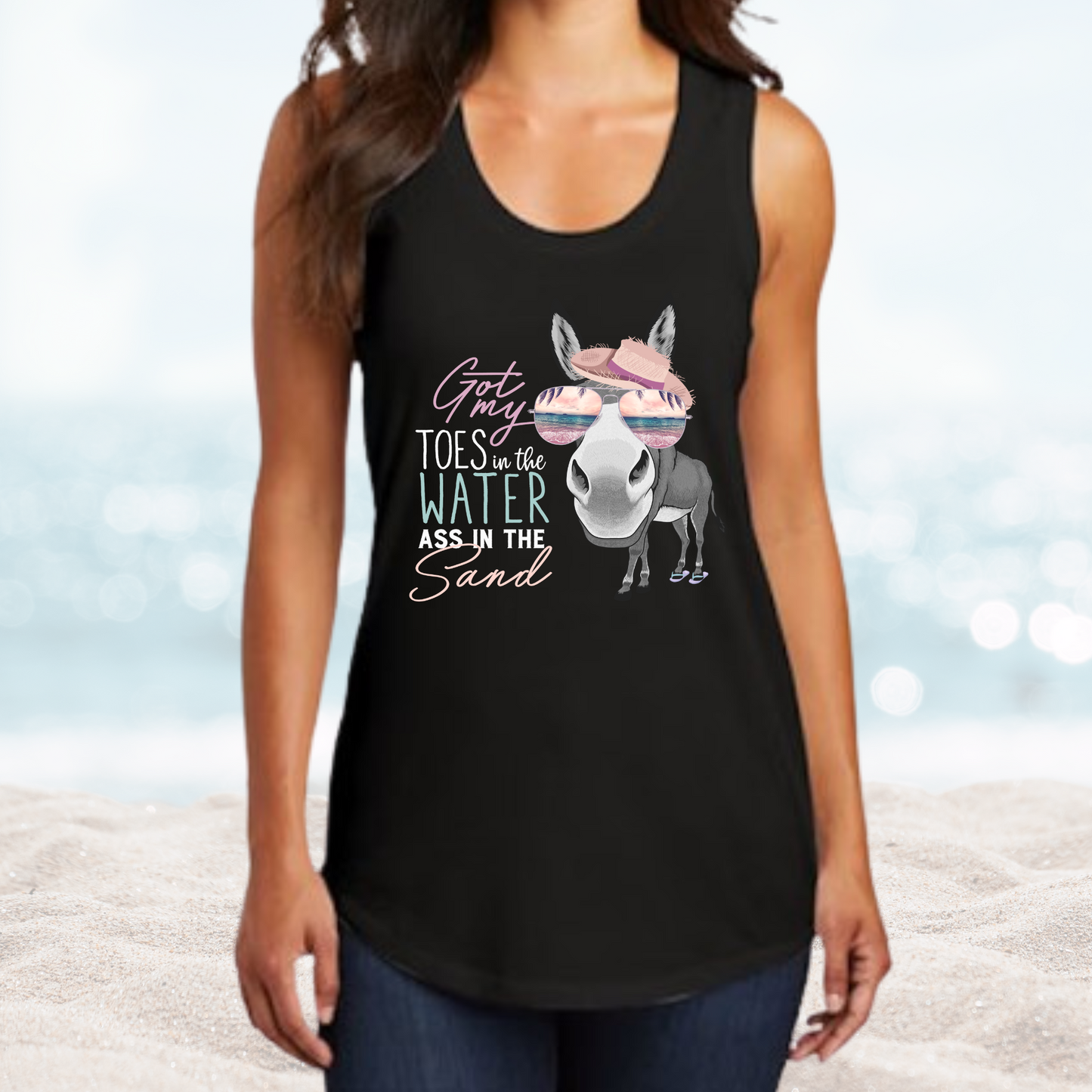Women’s black tank top with "Vacation Toes in the Water" beach-themed graphic and donkey wearing sunglasses and a hat.