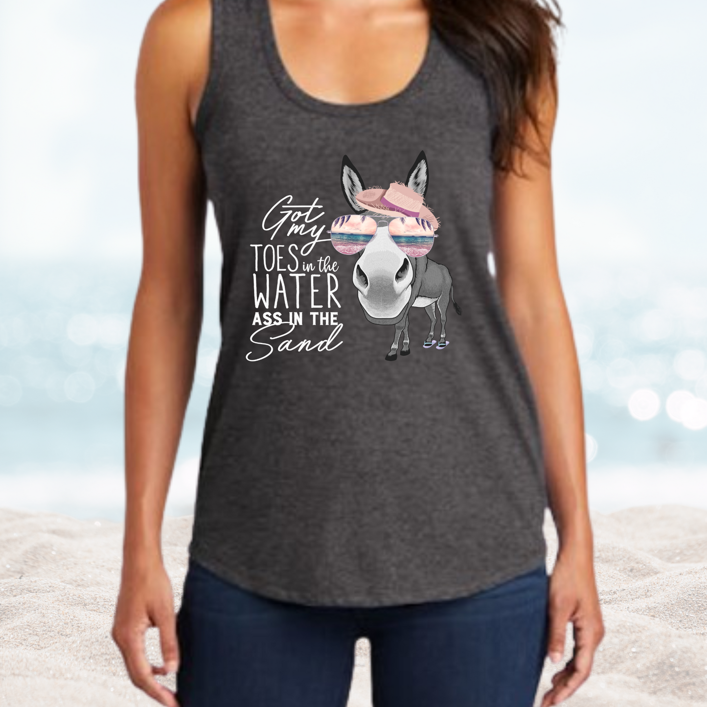 Women's Vacation Toes in the Water graphic tank top with donkey illustration and beach theme