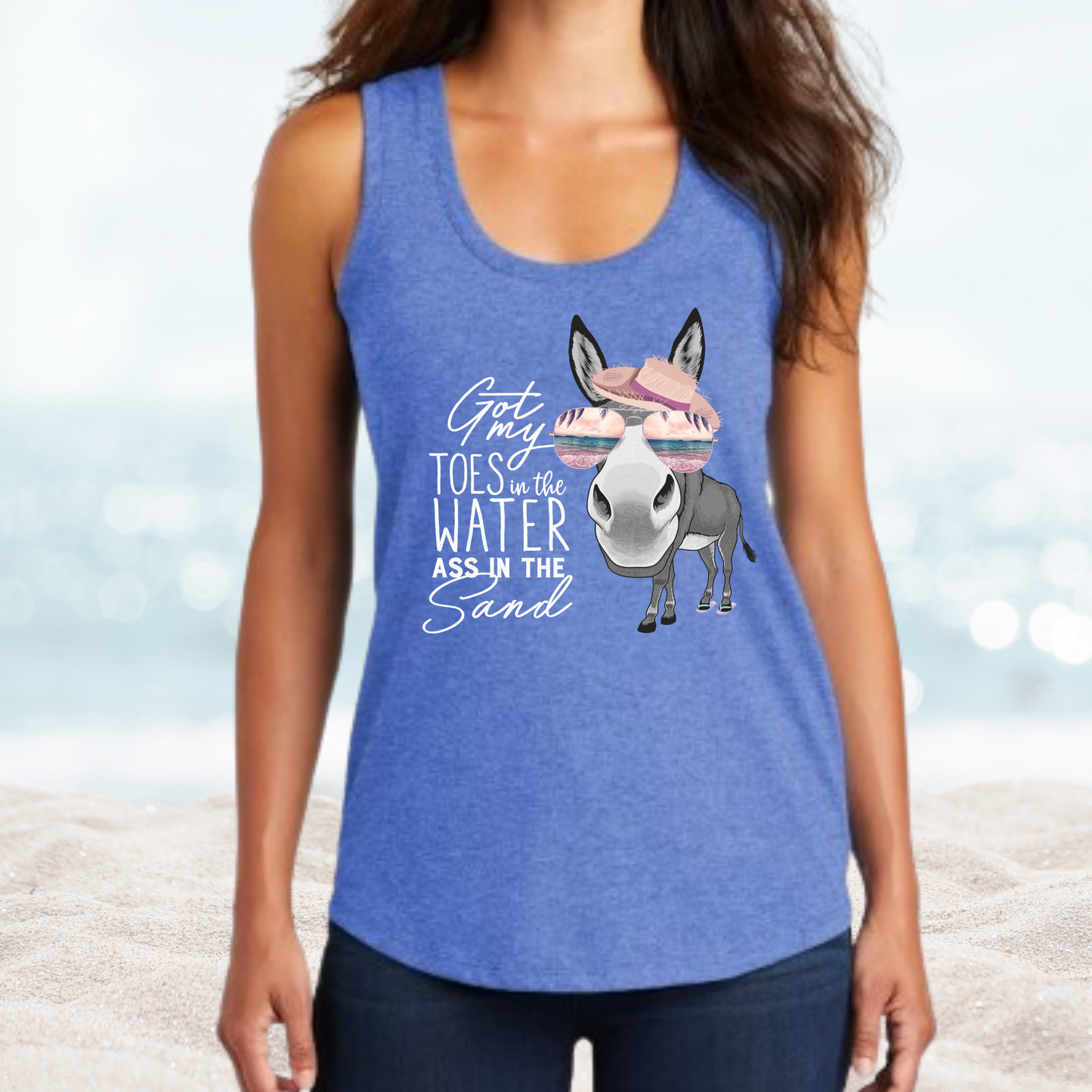 Women’s blue tank top with "Vacation Toes in the Water Ass in the Sand" text and donkey graphic perfect for beach vacation vibes