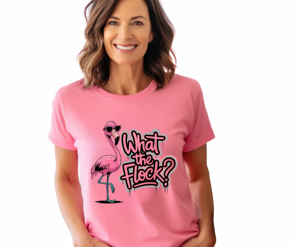 What The Flock T Shirt with flamingo design, casual fit, unisex.