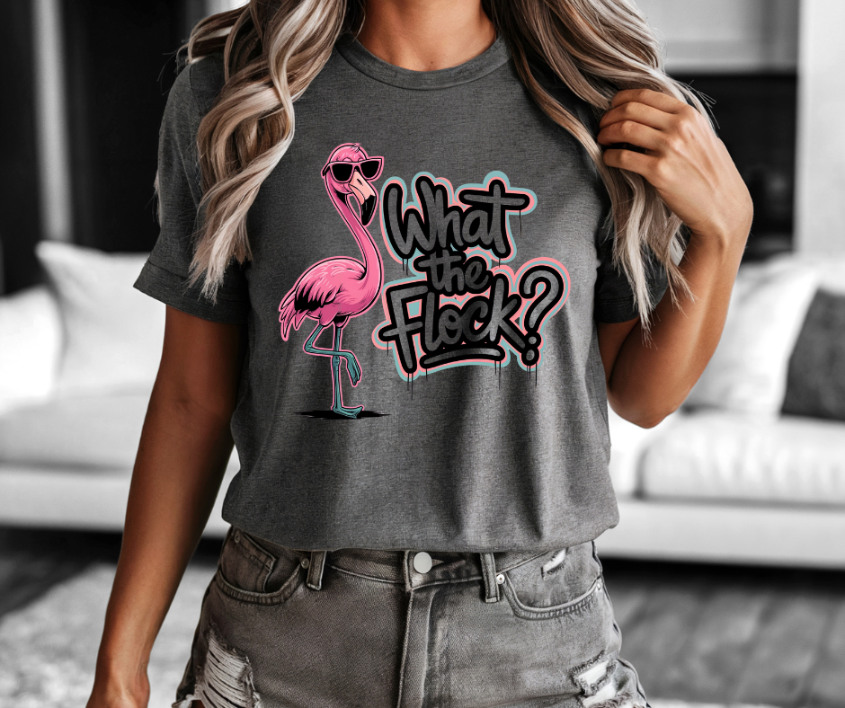 Playful flamingo design on the What The Flock T Shirt in casual fit.