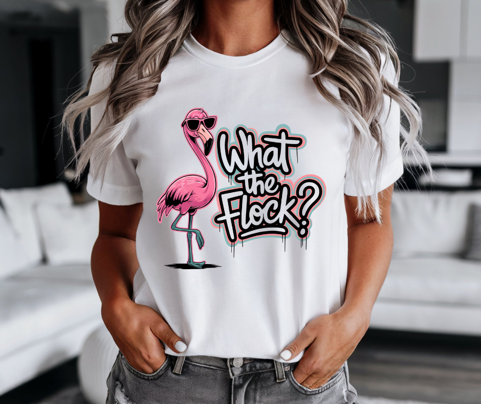 What The Flock T Shirt with playful flamingo design and casual fit.