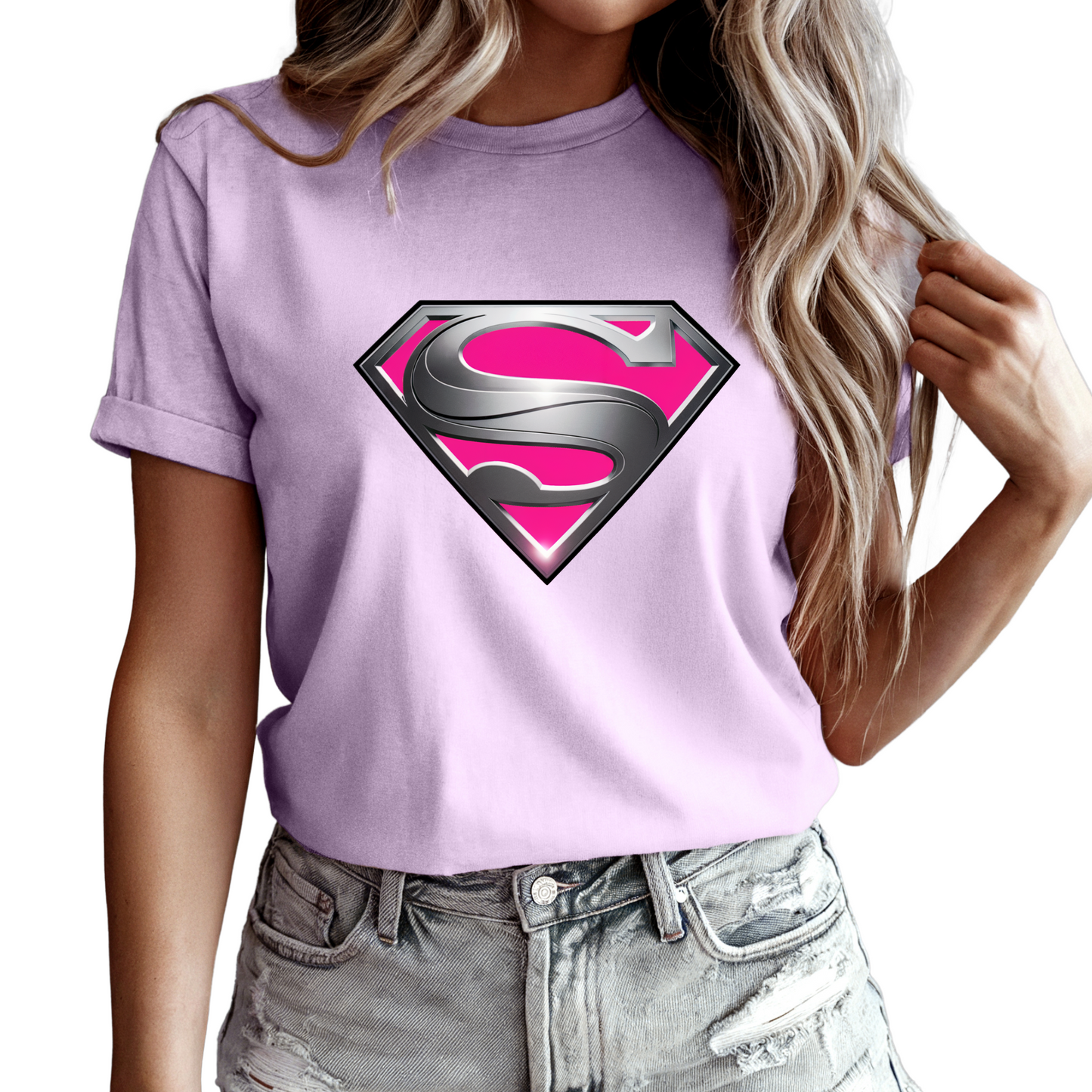 Woman's pink superwoman shirt in lilac