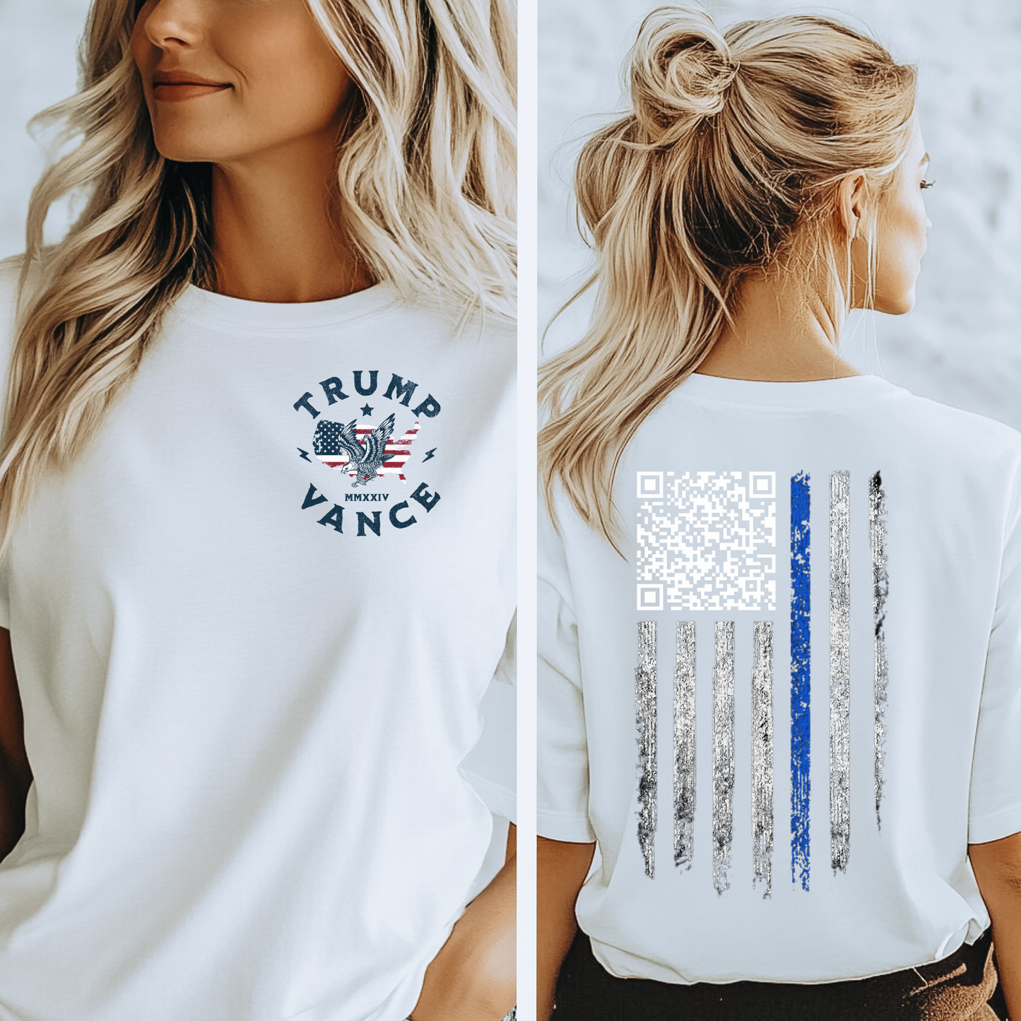 Woman wearing an off-white Trump Dancing Shirt with American flag and eagle graphic on front and QR code with stylized flag on back