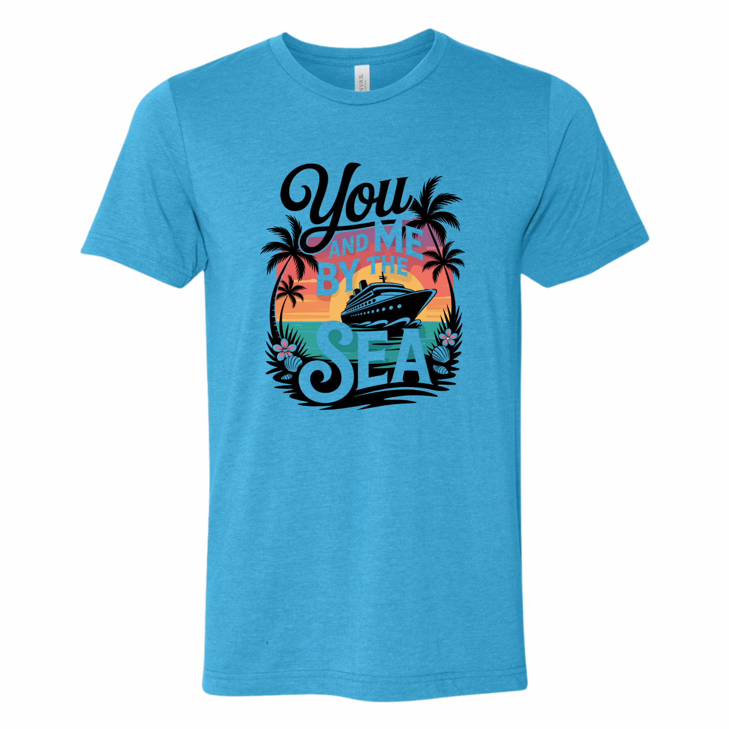 Blue t-shirt with a tropical design featuring a ship and text