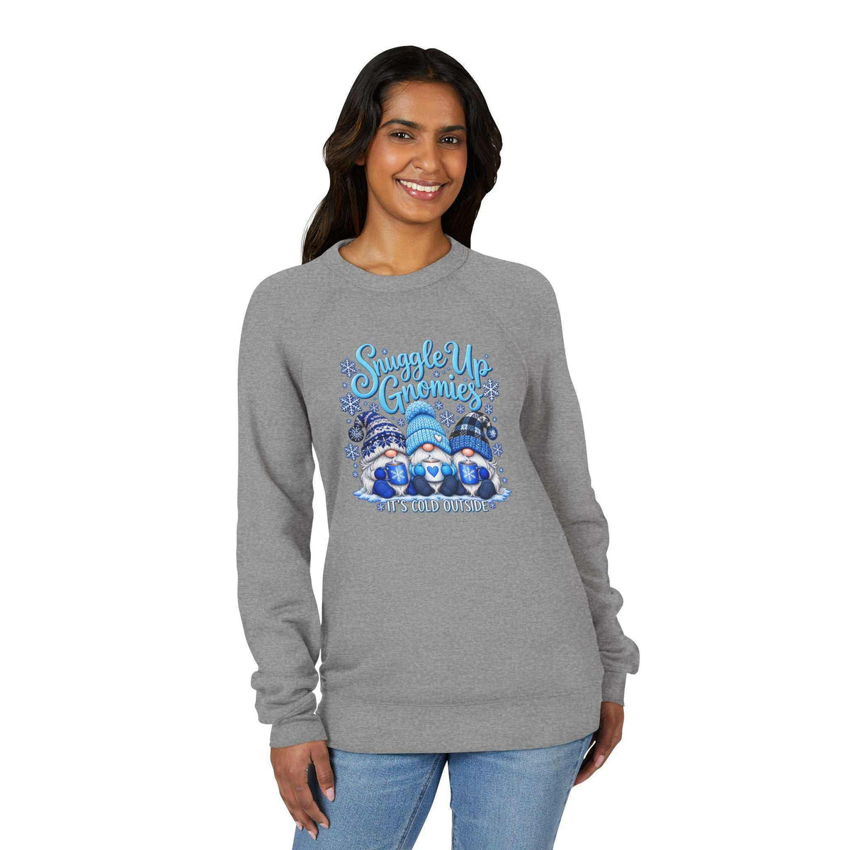 Sweatshirt featuring cute hoodies for women styling in heather gray with a colorful winter gnome and snowflake graphic