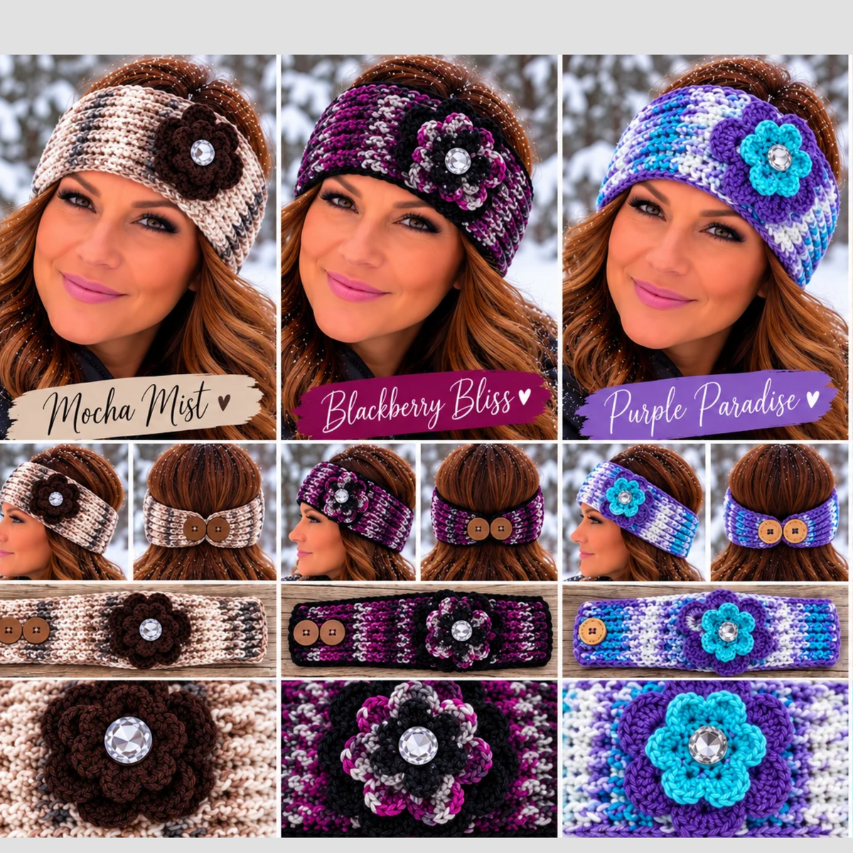 Hand-Crocheted Flower Ear Warmer Headbands | Adjustable