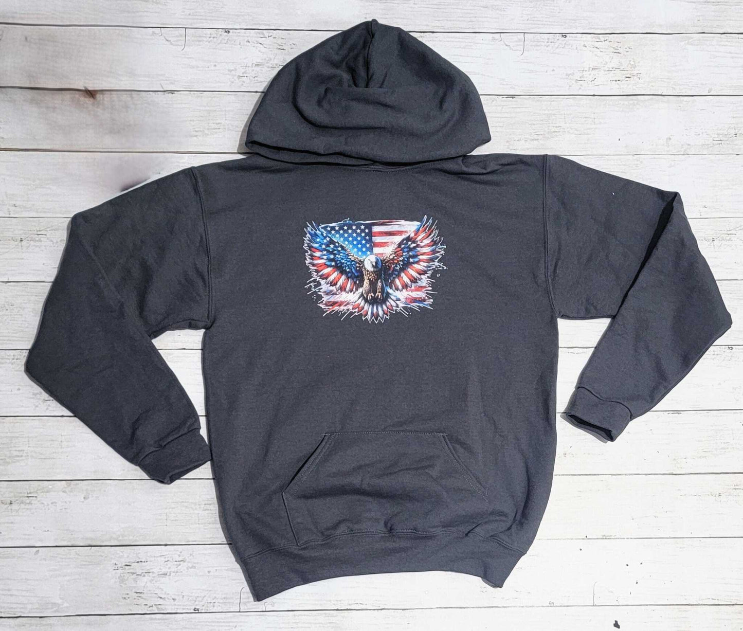 American Flag Hoodie for kids with eagle design in red, white, and blue colors.
