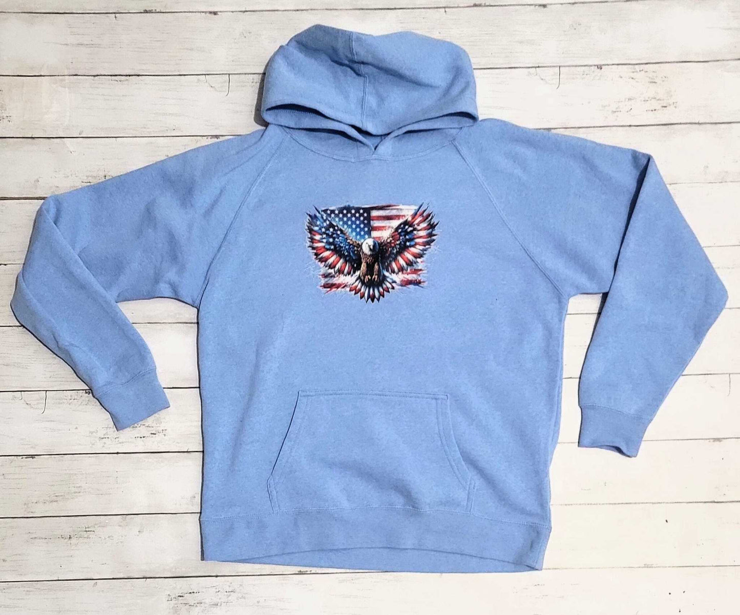 American Flag Hoodie for Kids with Eagle Design in Red, White, and Blue.