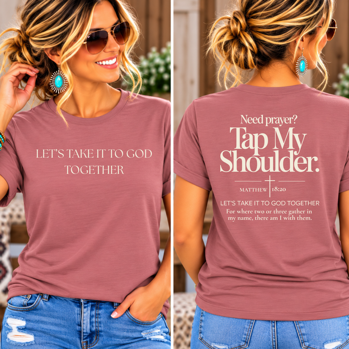 Prayer Warrior Shirt in mauve cotton blend with white lettering, featuring a prayer message on the front and back