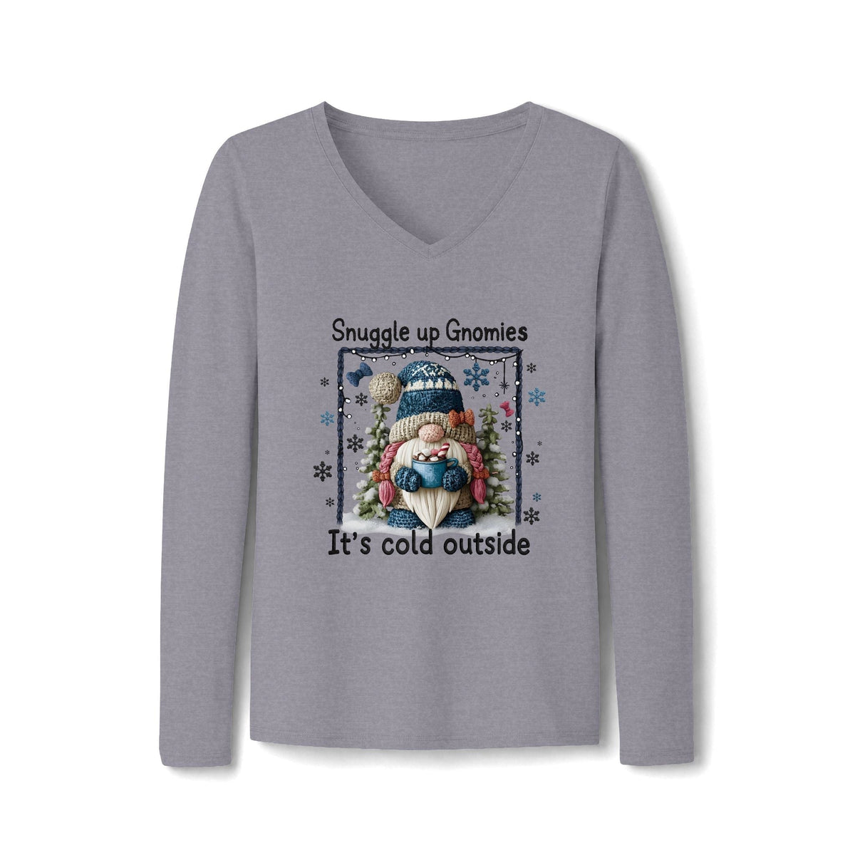 Long-sleeve V-neck tee in heather gray with a colorful bundled gnome, snowflakes, evergreens and “Snuggle up Gnomies” text; Snuggle Up With Gnomies