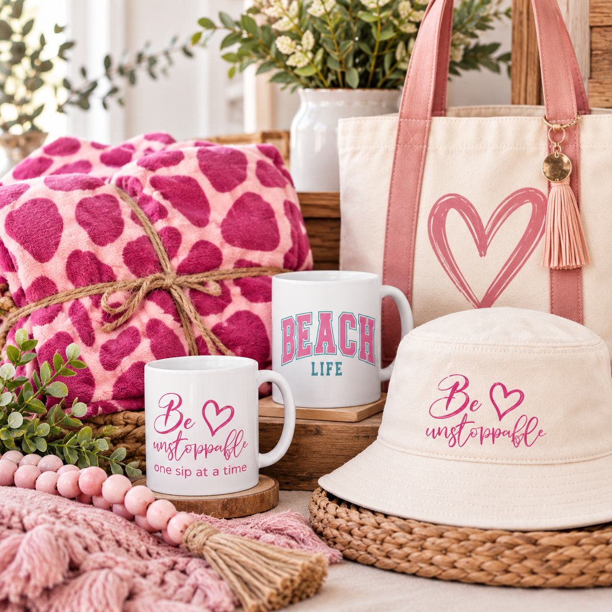 Pink patterned blanket, coffee mugs, and embroidered hat displayed with boutique gifts for women at Wyoming Sunset Boutique.