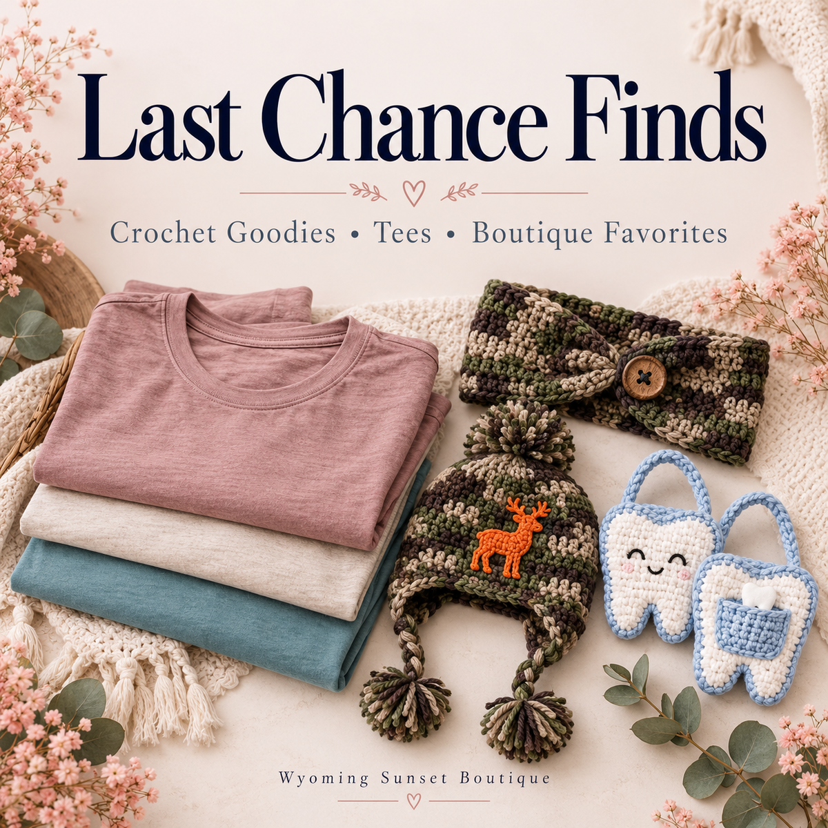 Last Chance Finds graphic featuring folded mauve, cream and teal tees, textured crochet accessories and blue-and-white slippers