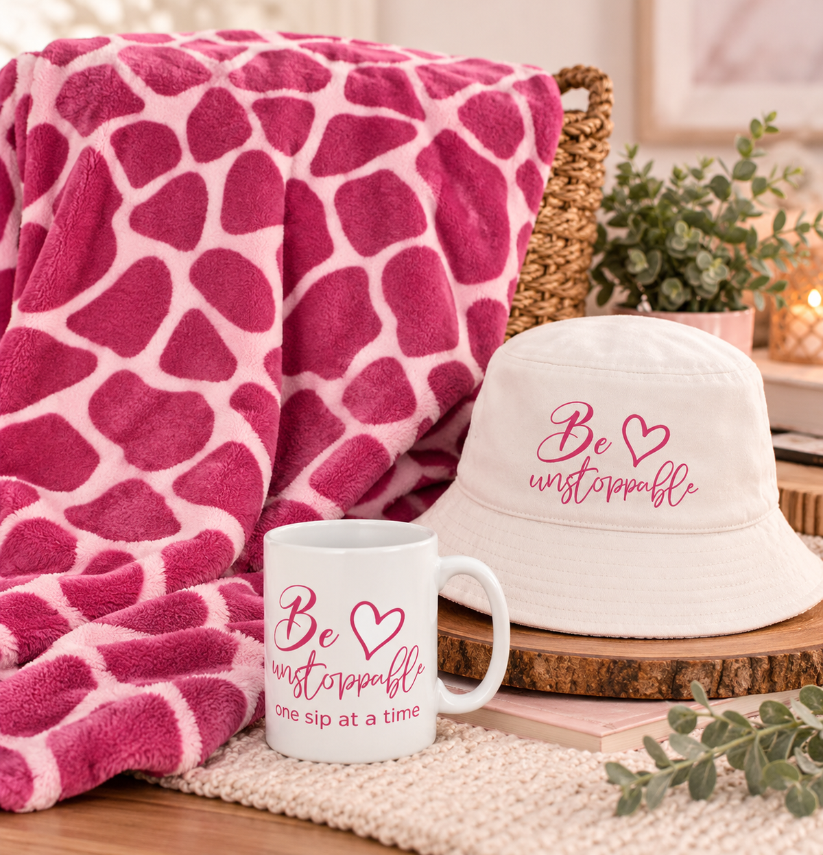 Cozy pink patterned mink blanket, white Be Unstoppable bucket hat, and matching inspirational coffee mug displayed together at Wyoming Sunset Boutique.