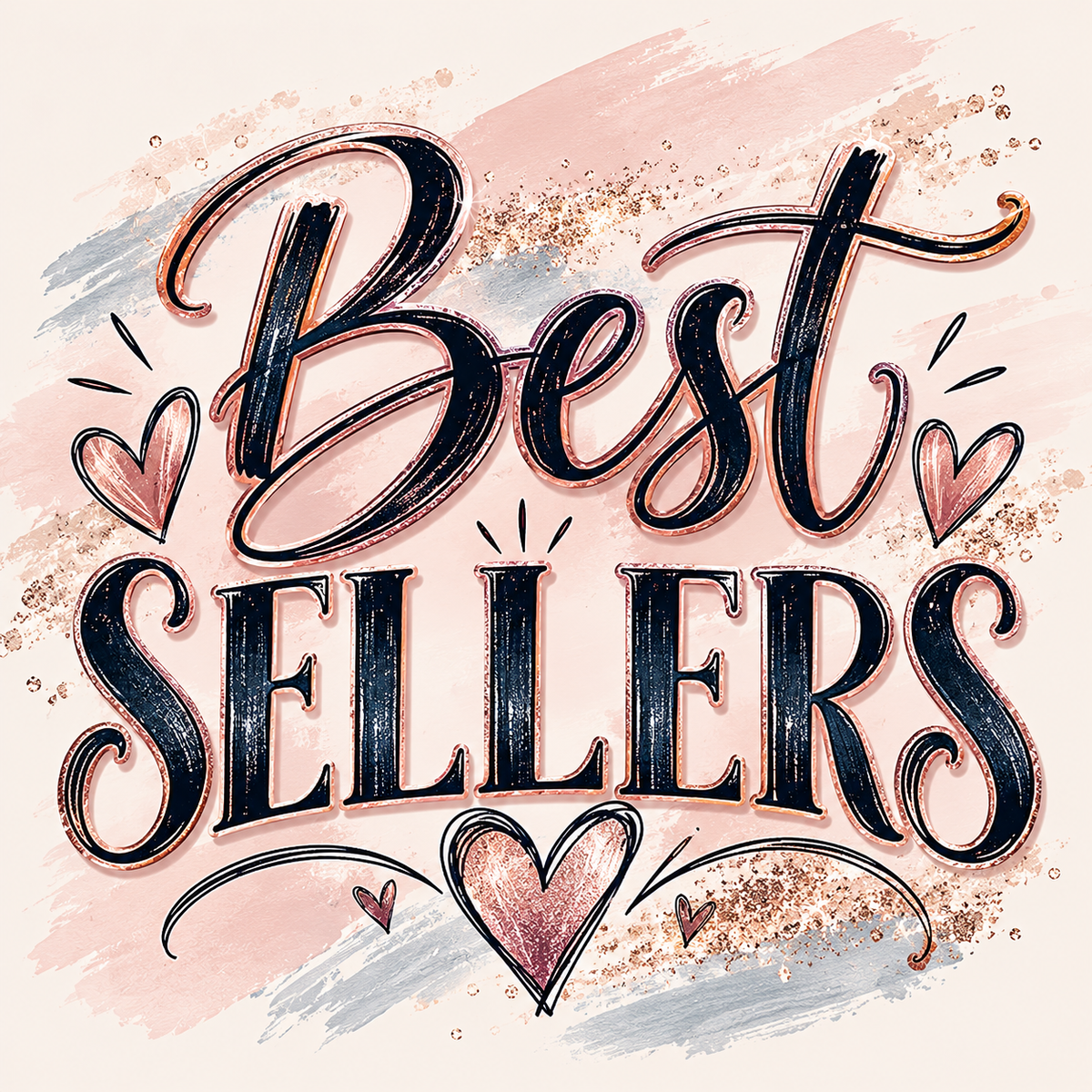 Best Sellers collection graphic for Wyoming Sunset Boutique featuring blush pink, rose gold accents, hearts, and elegant lettering.