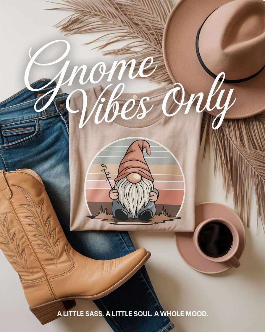 Gnomes Only collection at Wyoming Sunset Boutique featuring cute gnome-themed graphic tees, hoodies, and seasonal apparel.