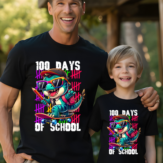 School Dinosaur Shirt for adults and kids celebrating 100 days of learning in black with fun print.