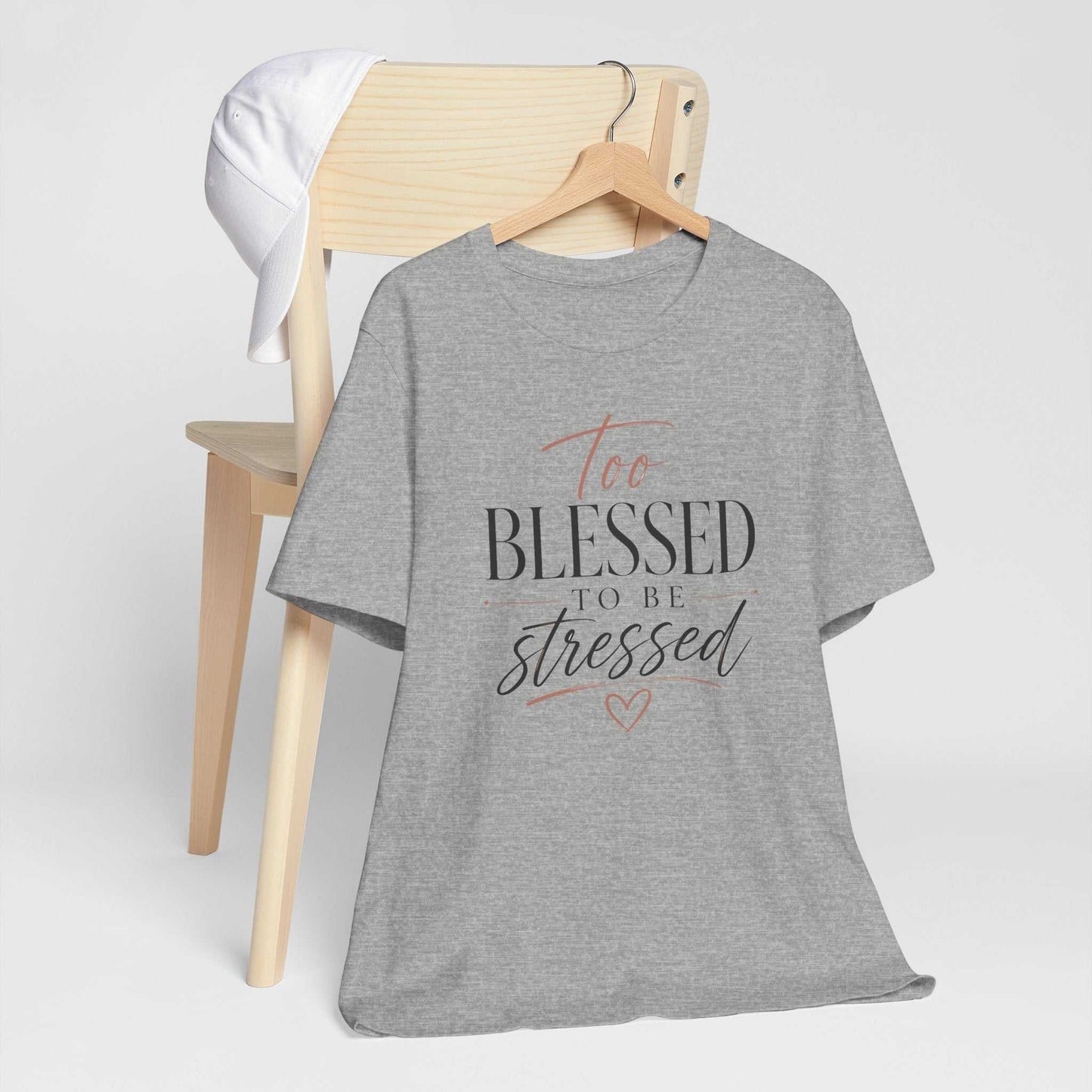 Too Blessed To Be Stressed unisex jersey tee with pink script inspirational graphic on dark soft cotton shirt
