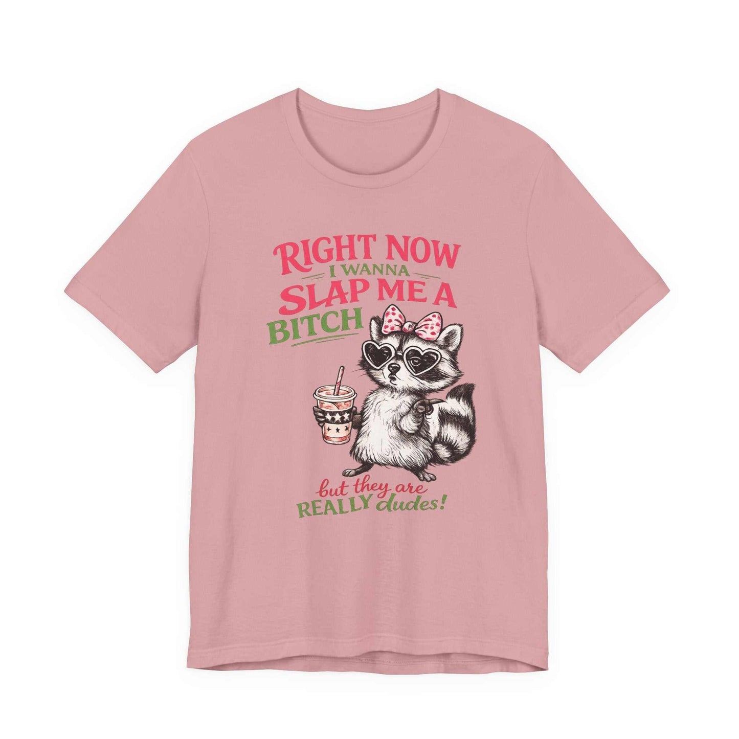 Graphic tee with sarcastic raccoon and "Right Now I Wanna Slap Me a BITCH" retro distressed text design