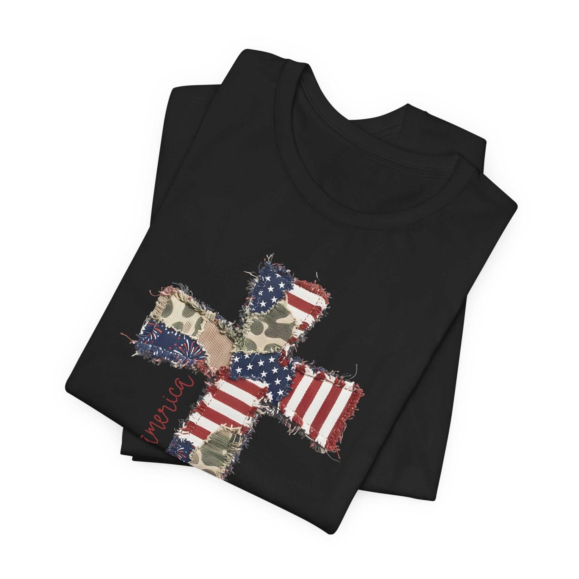 God Bless America shirt with patriotic cross and distressed American flag design