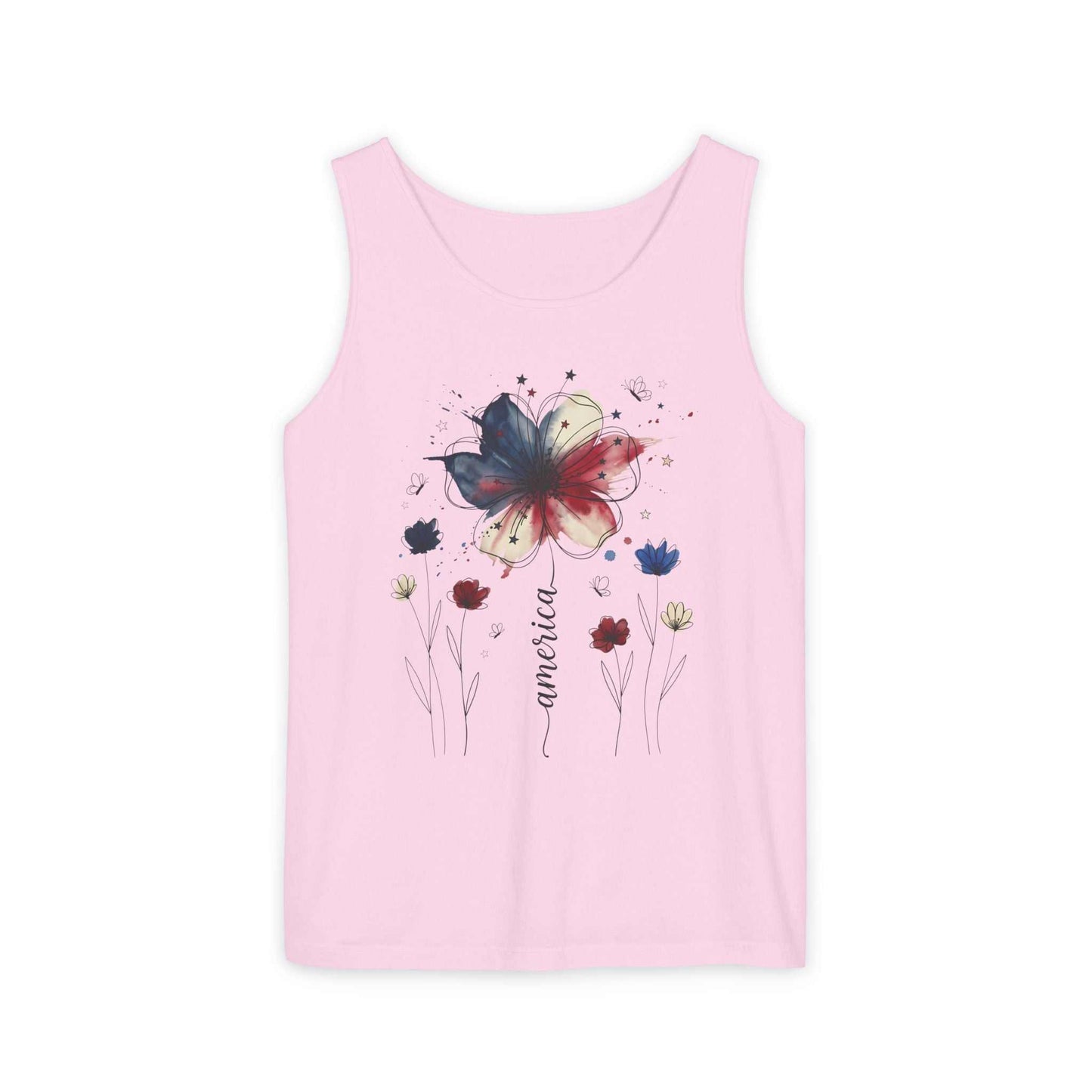 Patriotic watercolor flower tank top with indigo and rust floral design on soft, garment-dyed cotton