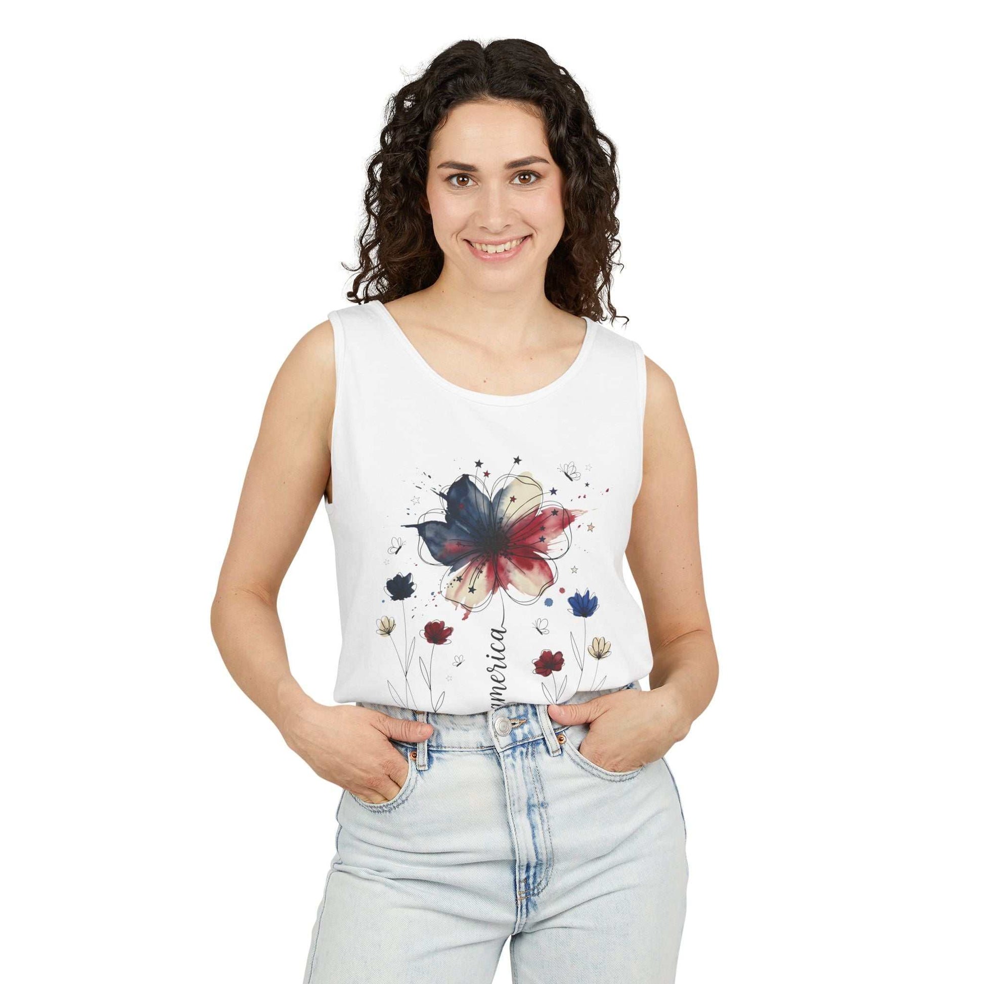 Patriotic watercolor flower tank top with indigo and rust floral graphic on soft cotton