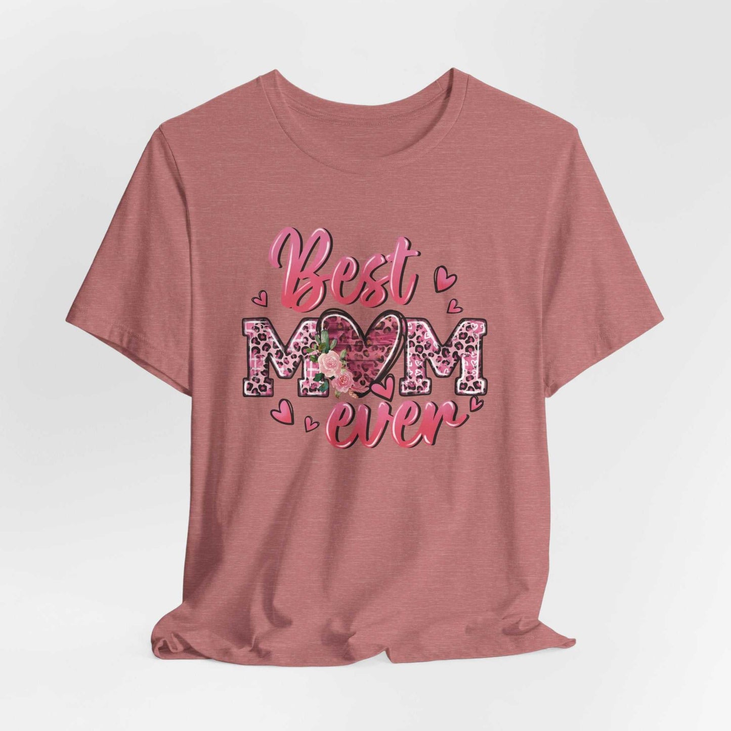 Pink leopard heart Best Mom Ever T-shirt with lightweight breathable cotton and retail crew neckline