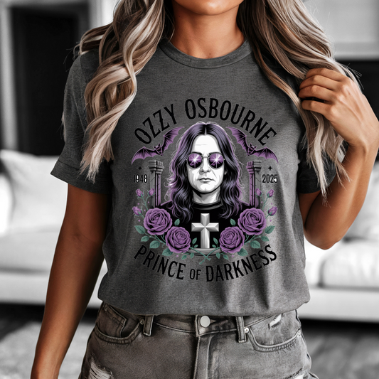 Ozzy Osbourne Prince of Darkness shirt with purple roses and gothic design on gray unisex tee