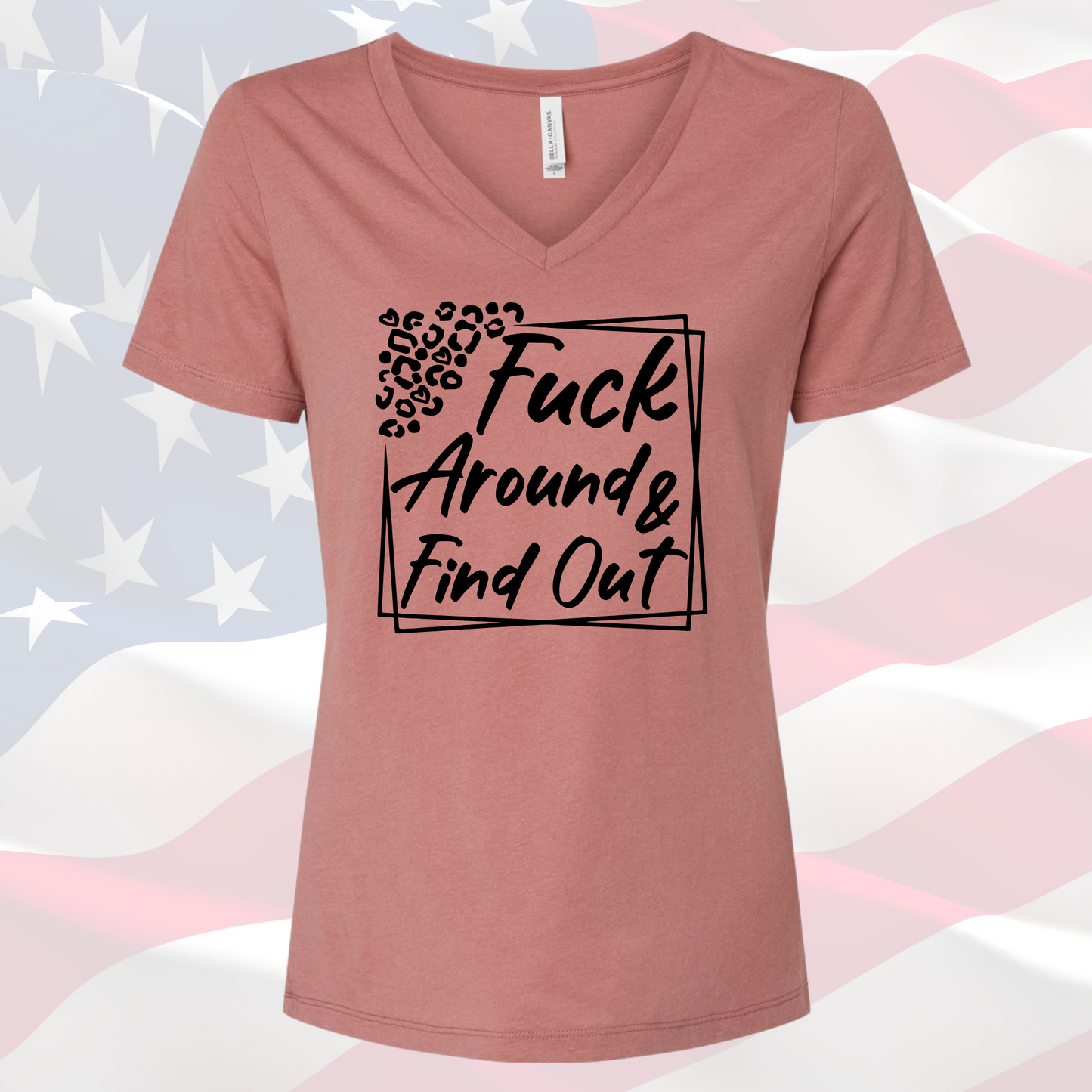 FAFO Women's Vneck Tee with stylish design on American flag background.