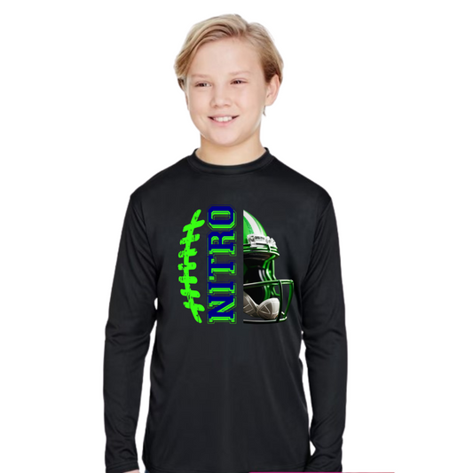 Youth wearing black long sleeve Nitro shirt with green football design and helmet graphic