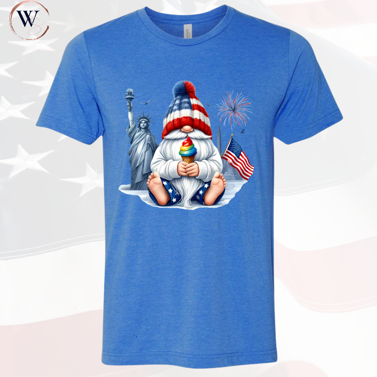 Gnome Statue of Liberty Shirt featuring patriotic gnome with eagle design, fireworks, and American flag.