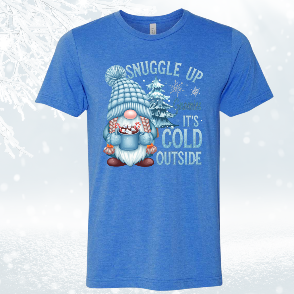 Blue "Gnome It's Cold Outside" shirt with cute winter gnome design.