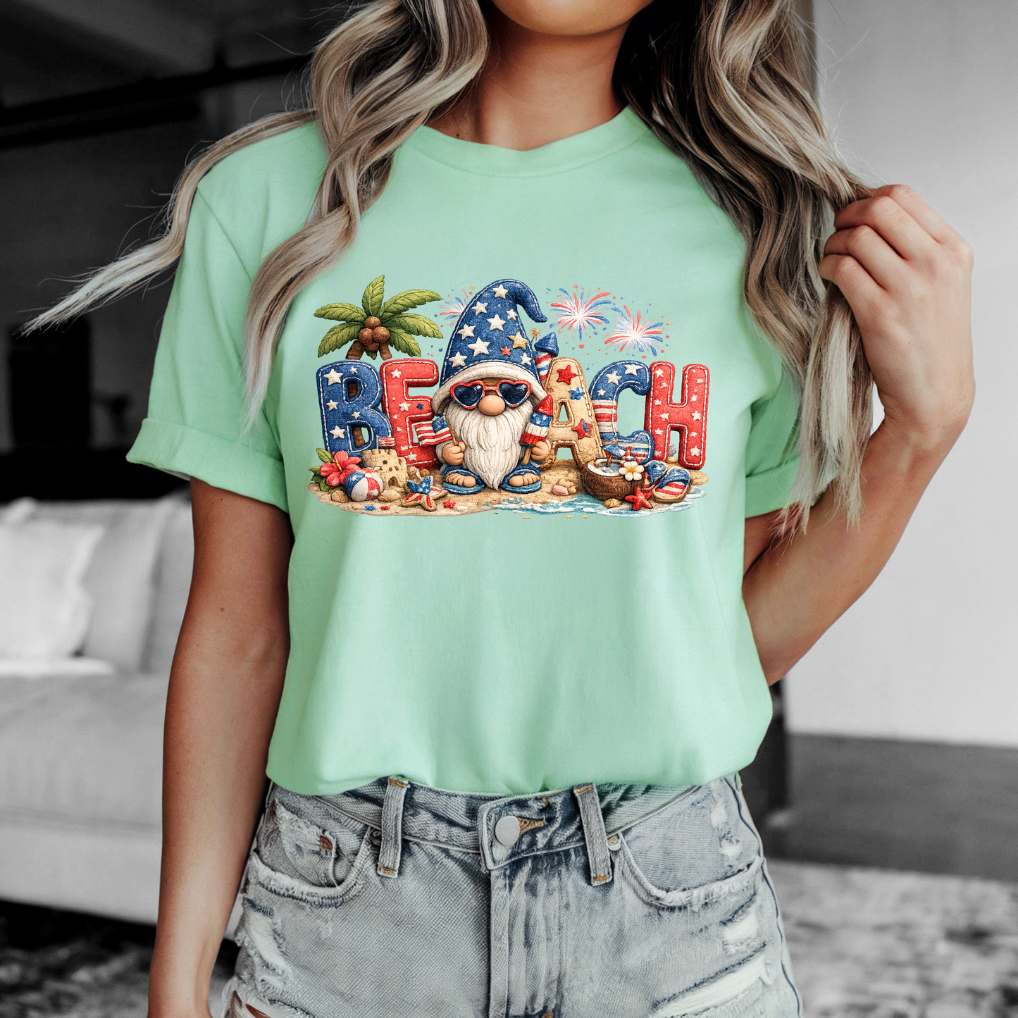 Patriotic Beach Gnome patchwork design tee with red white blue coastal and fireworks accents