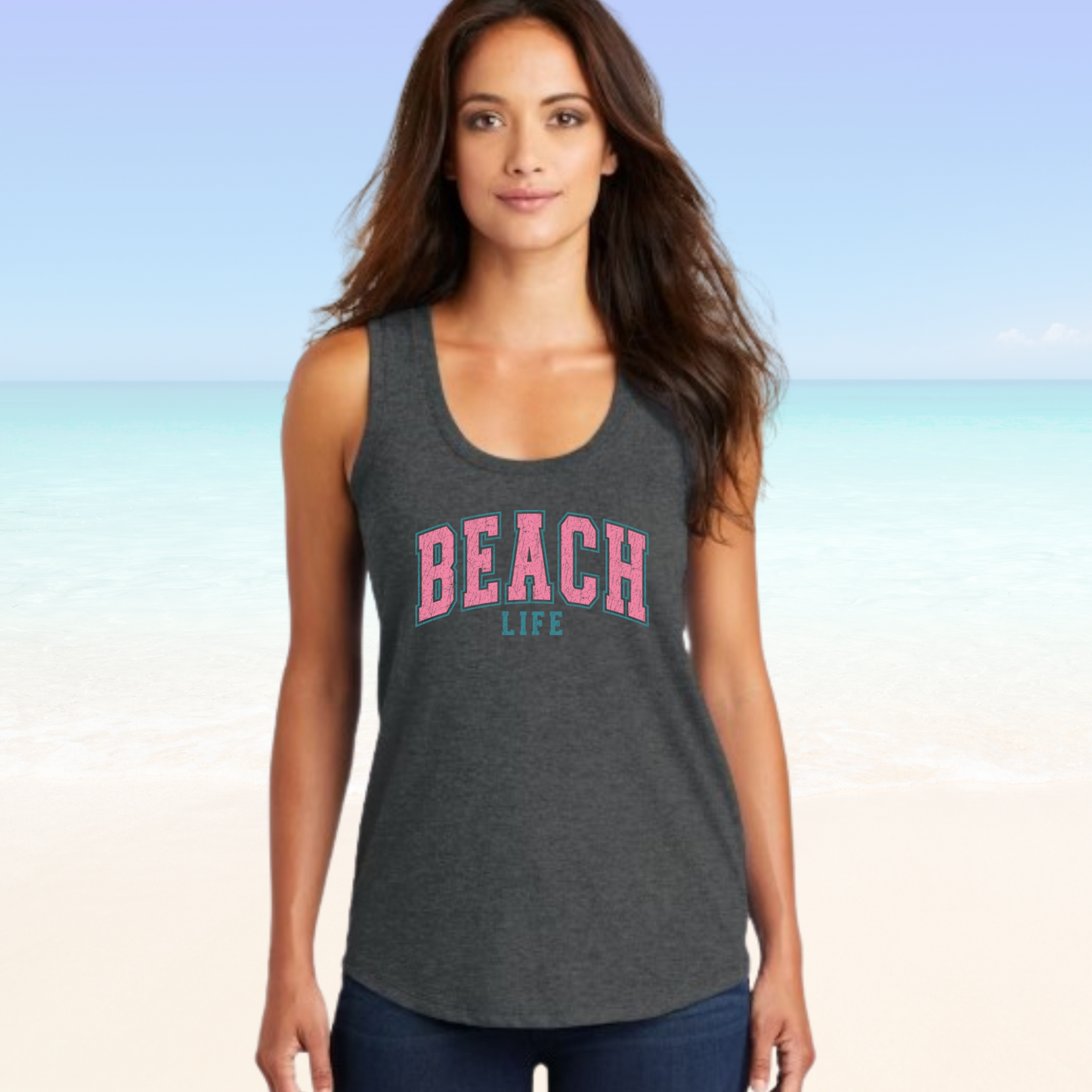 Beach Life Woman's Tank Top with racerback design on beach background.