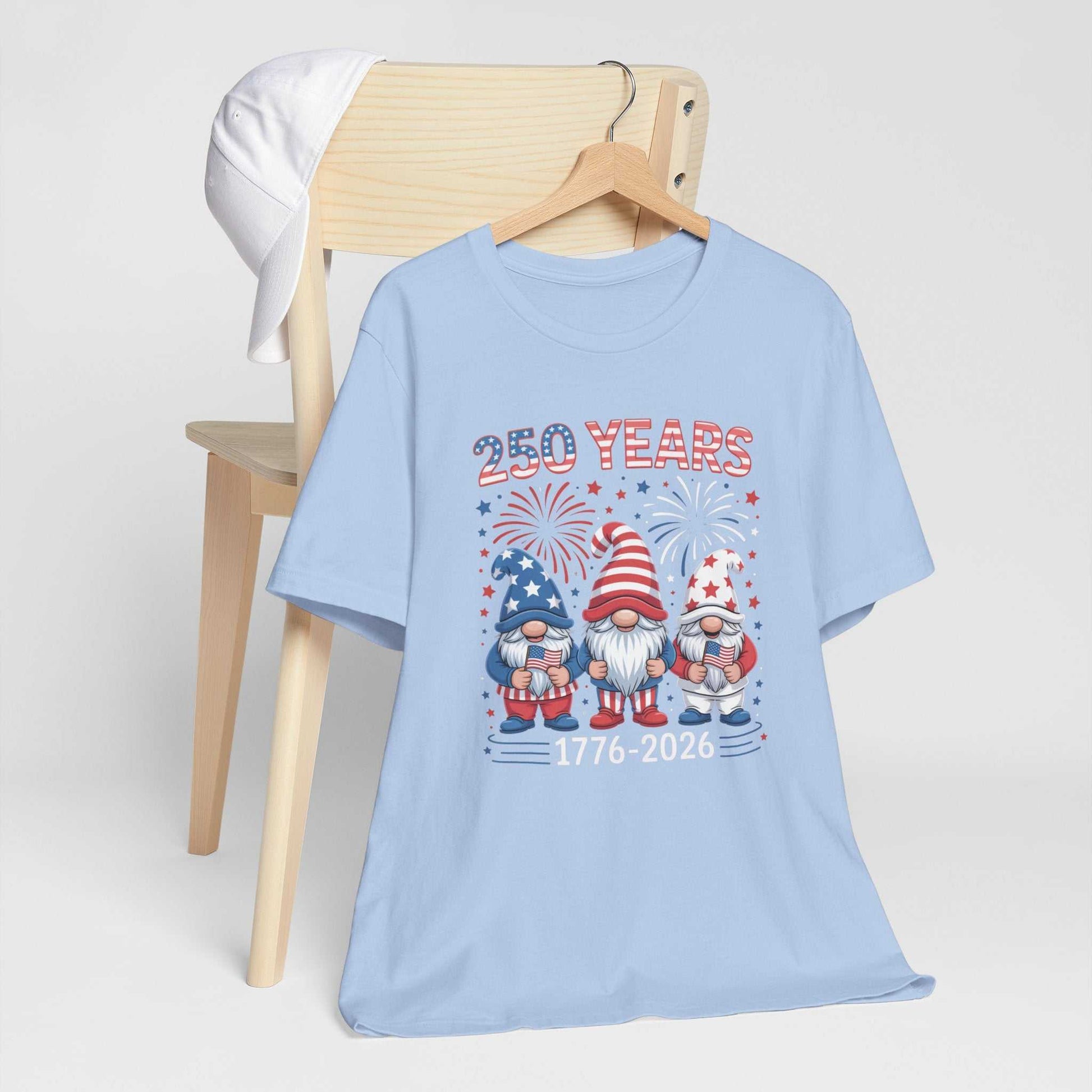 250 Years Patriotic Gnome Shirt with red white blue gnomes fireworks America 1776-2026 design