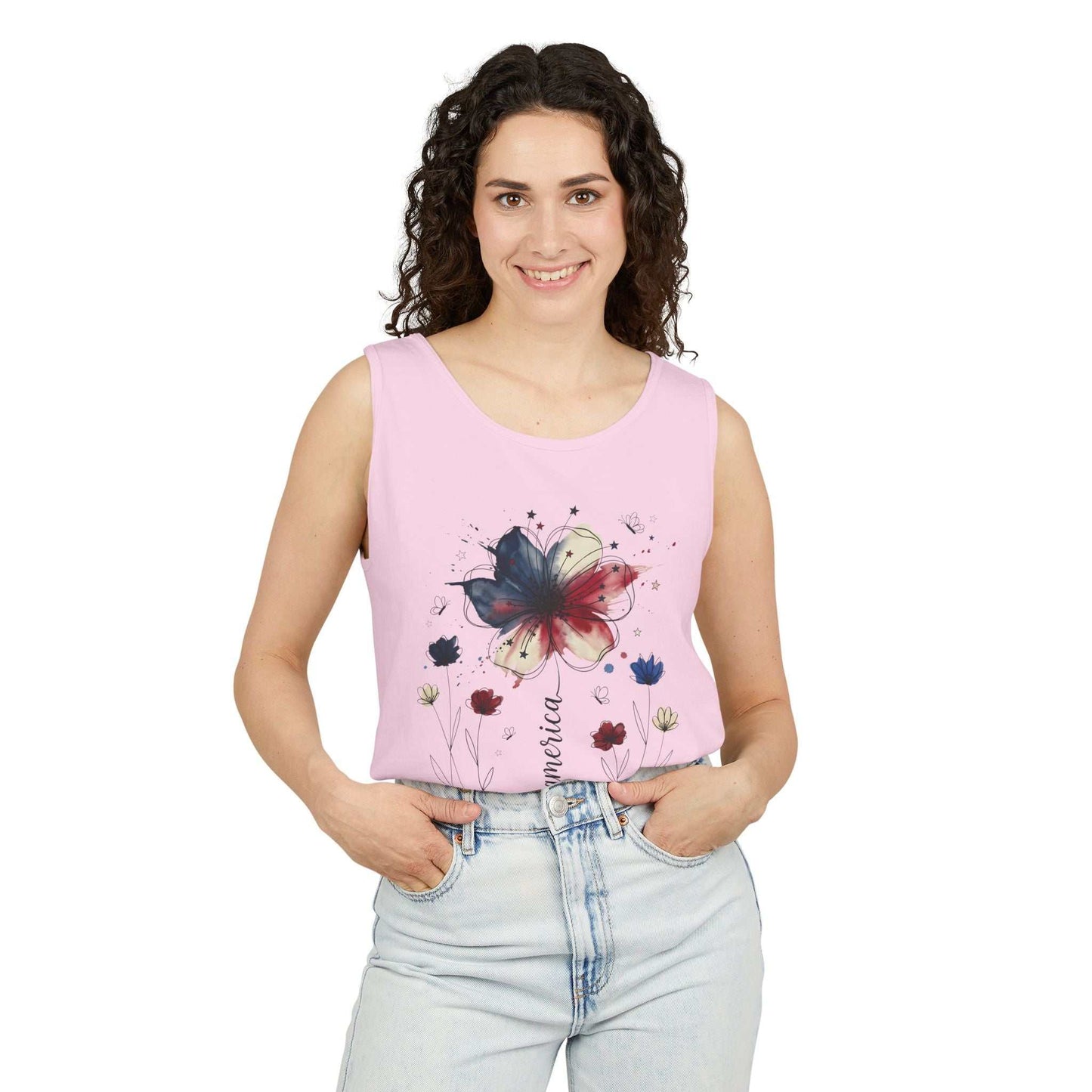 Patriotic watercolor flower tank top with indigo and rust floral graphic on soft, relaxed cotton fabric