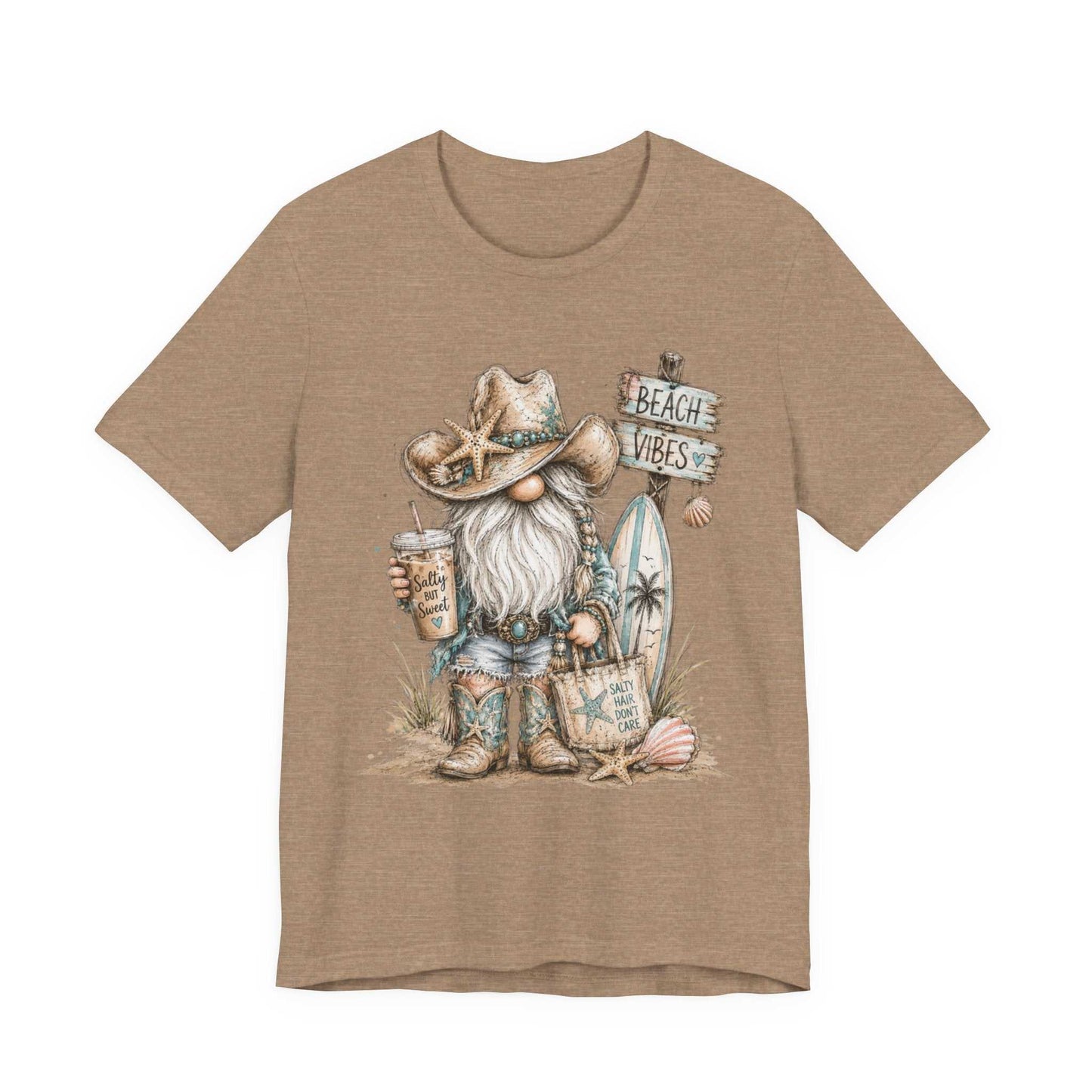 Coastal Cowgirl Beach Gnome watercolor tee with turquoise accents and cowboy boots